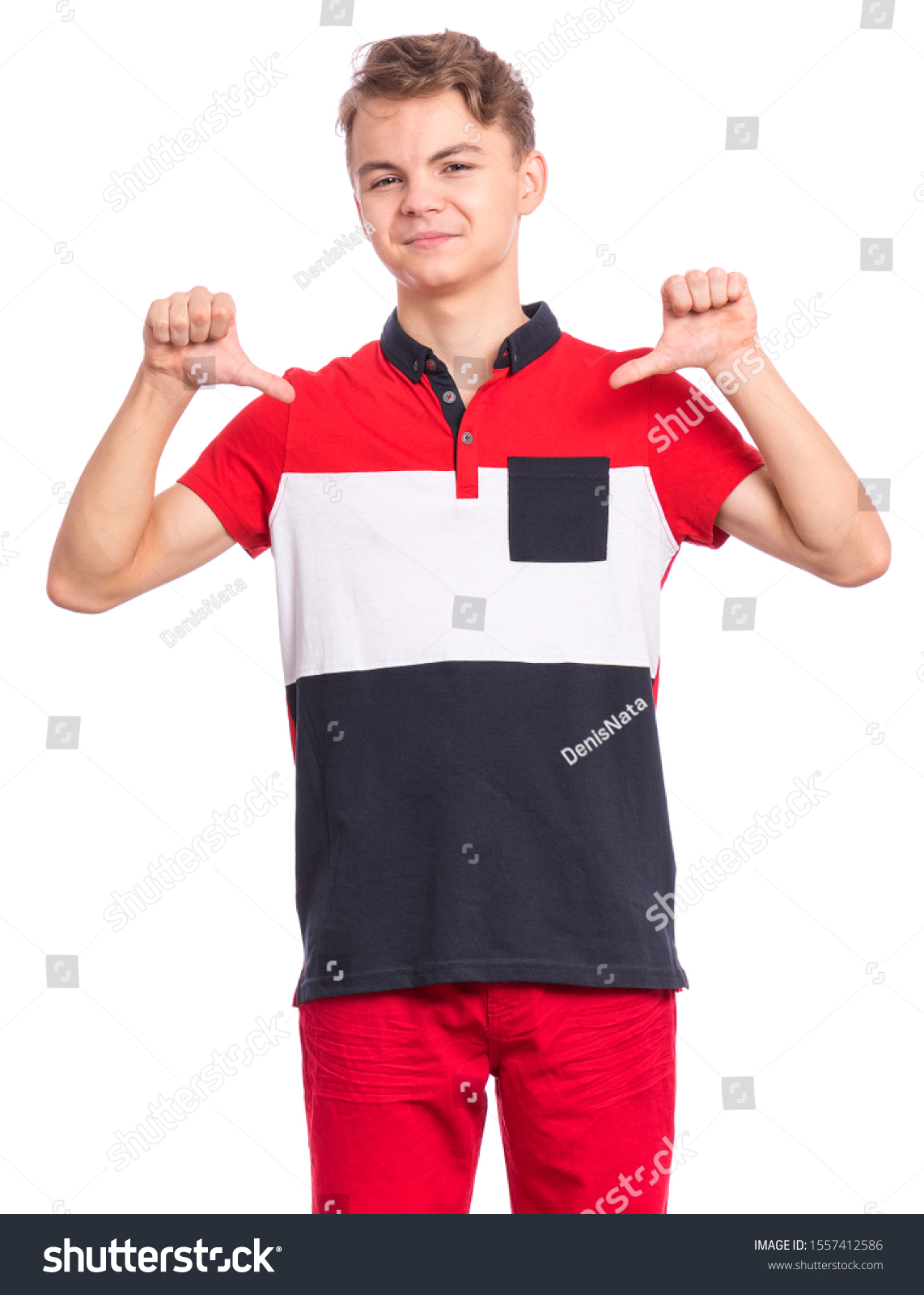 Portrait Handsome Teen Boy Pointing Fingers Stock Photo 1557412586 ...