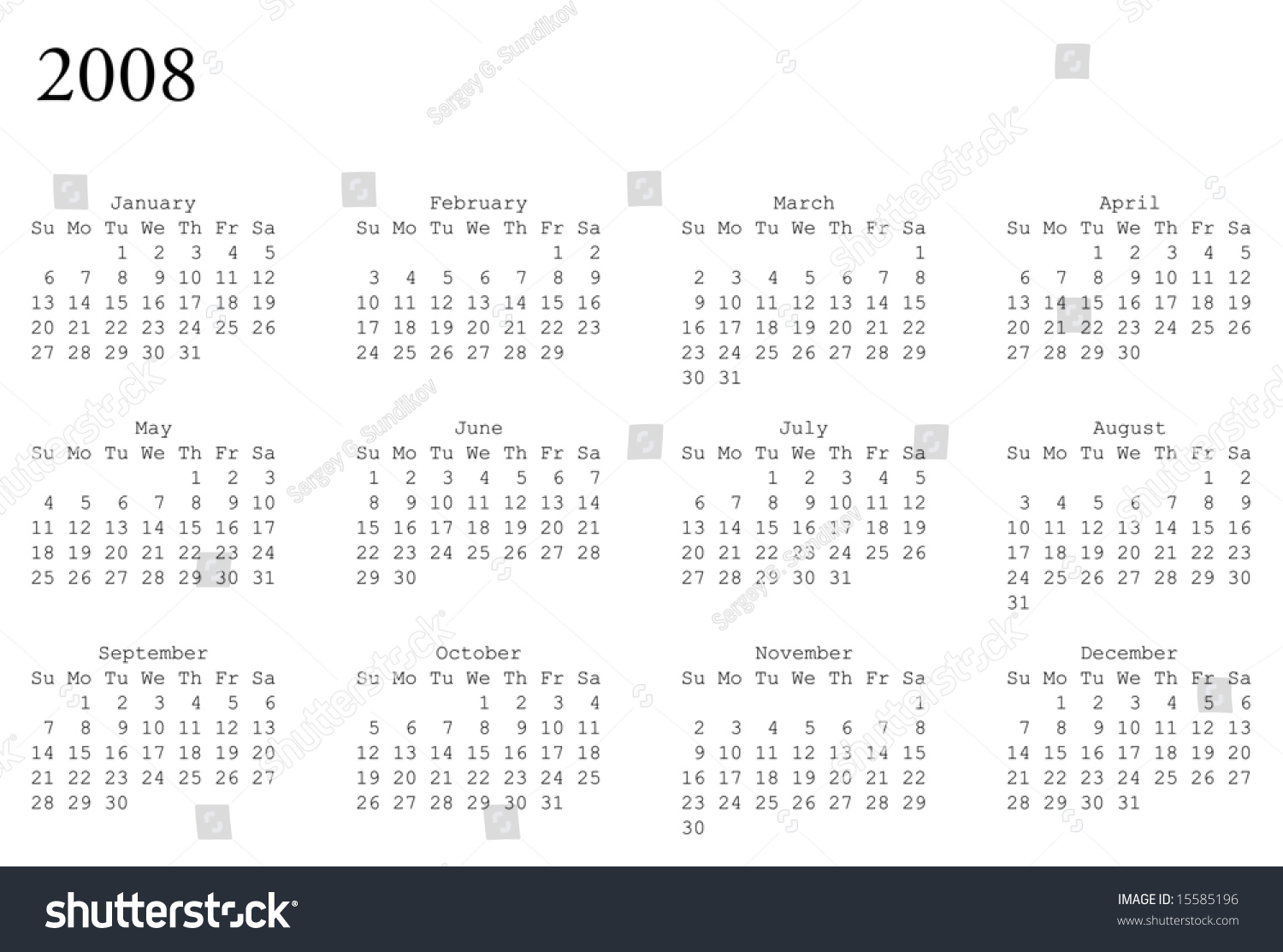 Horizontal Oriented Calendar Grid 2008 Year Stock Vector (royalty Free 