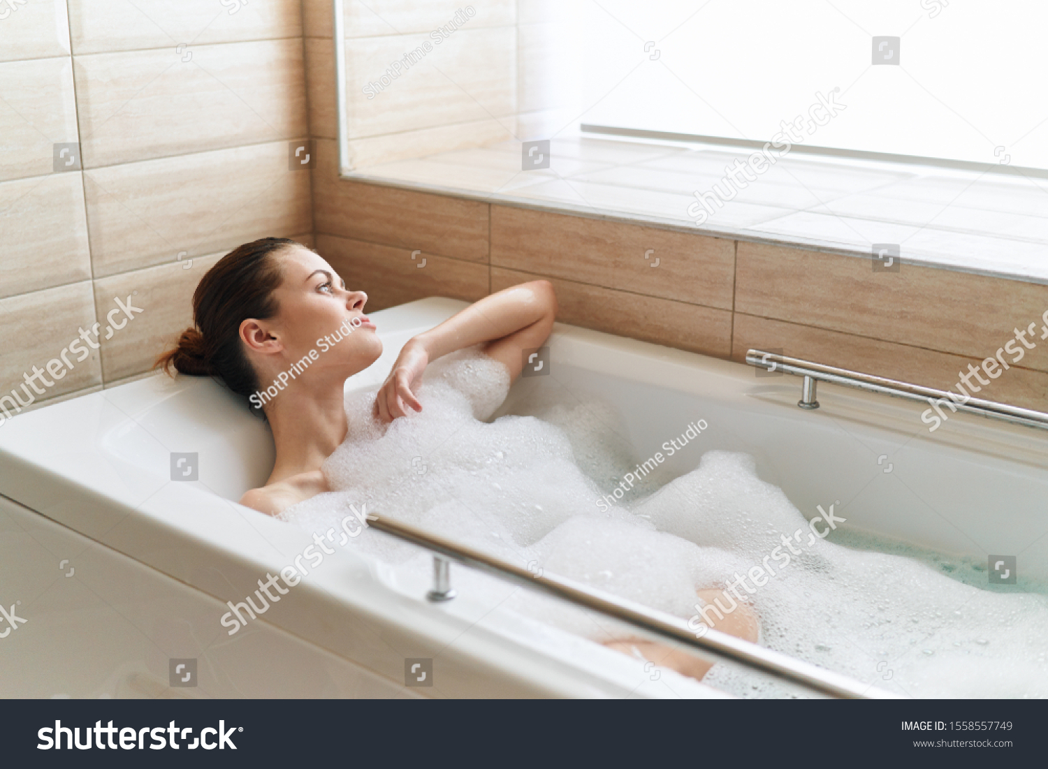 Woman Lies Bathtub White Foam Rests Stock Photo Shutterstock