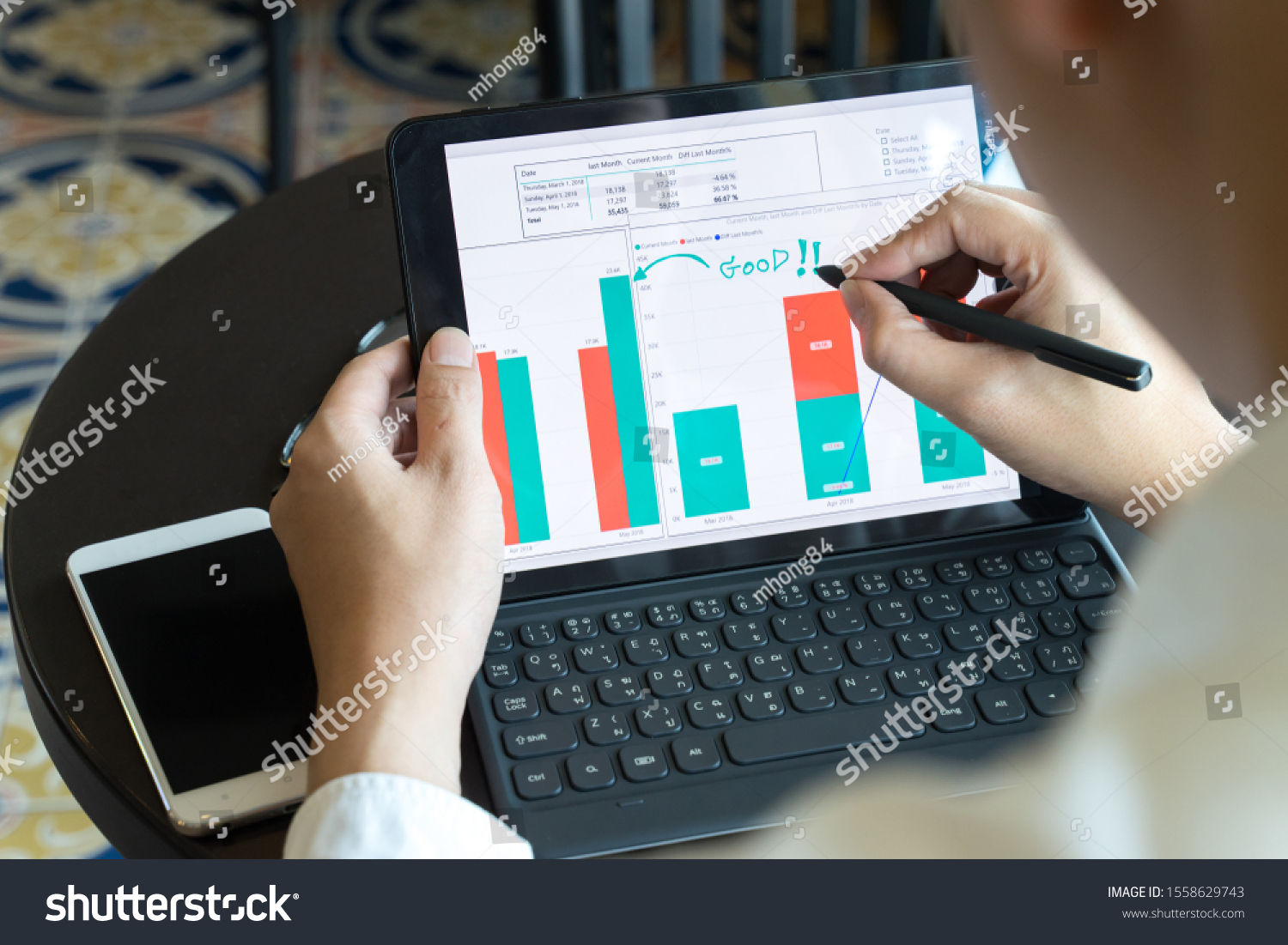 Businessman Using Drawing Comment Tablet Analysis Stock Photo