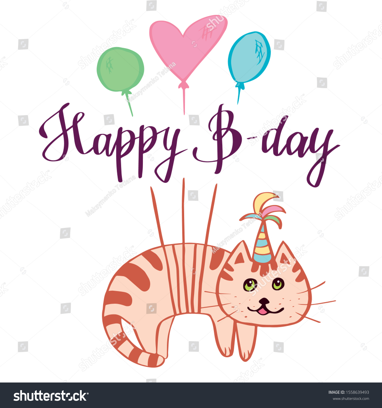 Happy Birthday Flying Cat Balloons Greeting Stock Vector (Royalty Free ...