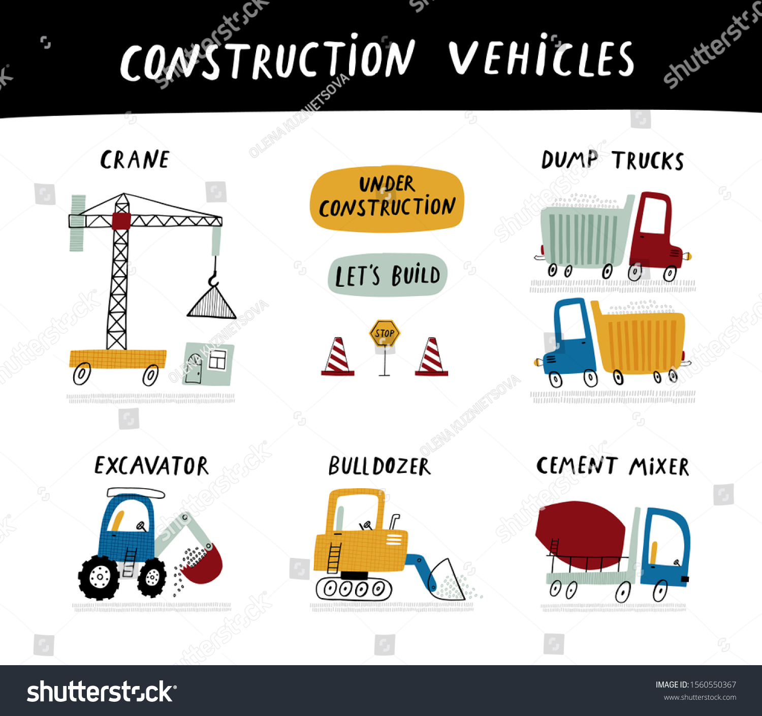 Set Construction Vehicles Hand Drawn Graphic Stock Vector (Royalty Free ...