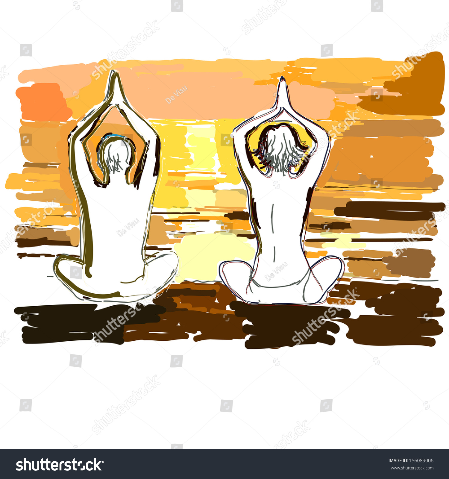 Silhouettes Young Couple Doing Yoga Meditating Stock Vector Royalty