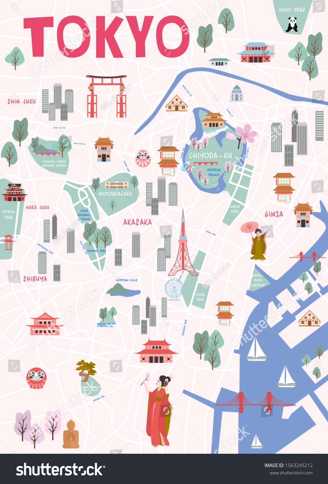 Guide Tokyo Illustrated City Map Main Stock Vector (Royalty Free ...