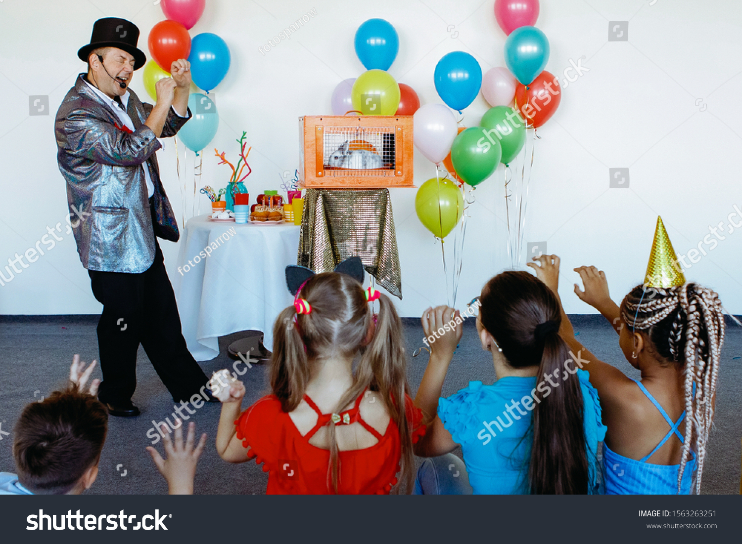 Childrens Party Magician Illusionist Shows Tricks Stock Photo ...