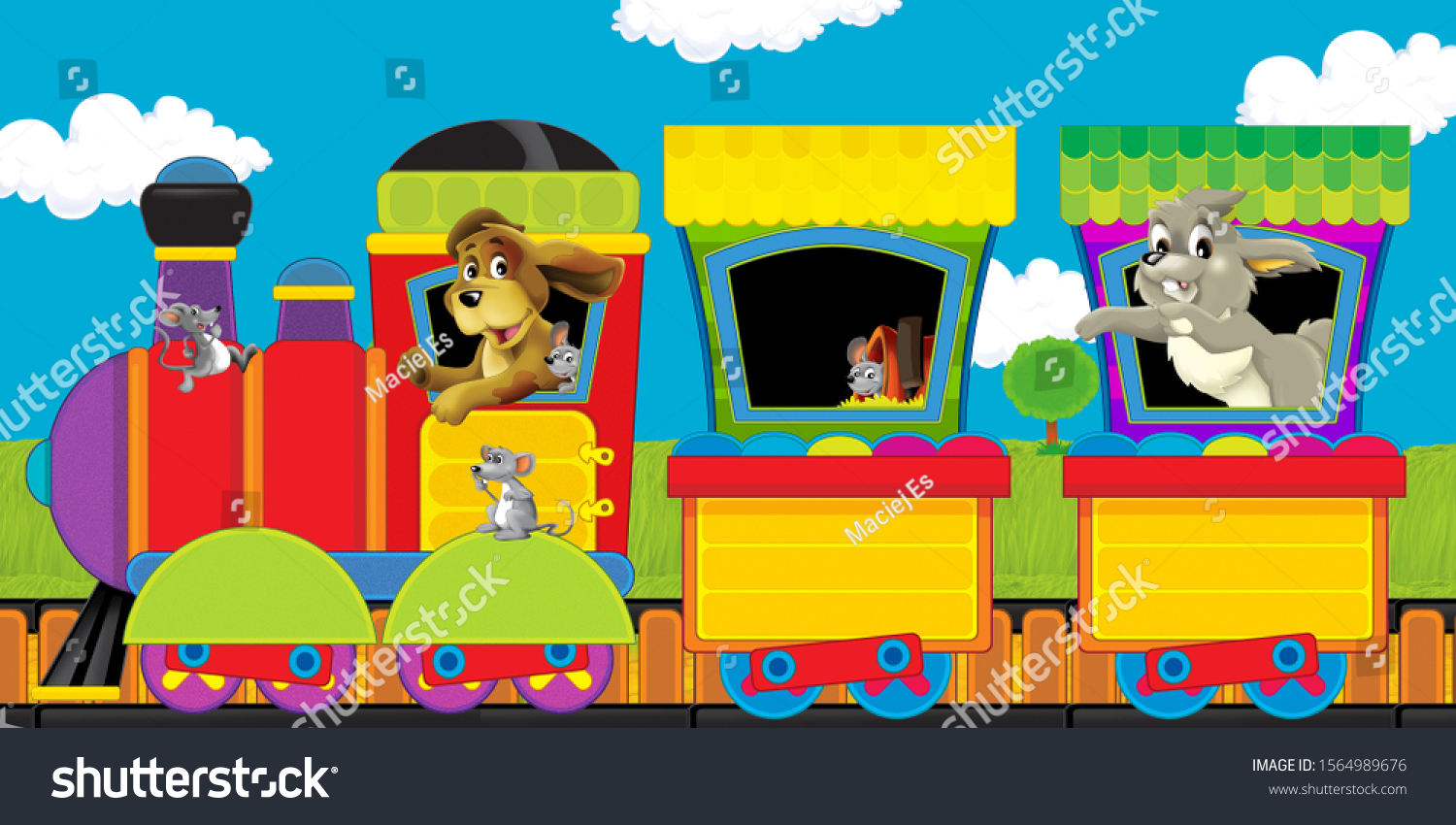 Cartoon Steam Train On Tracks Farm Stock Illustration 1564989676 ...