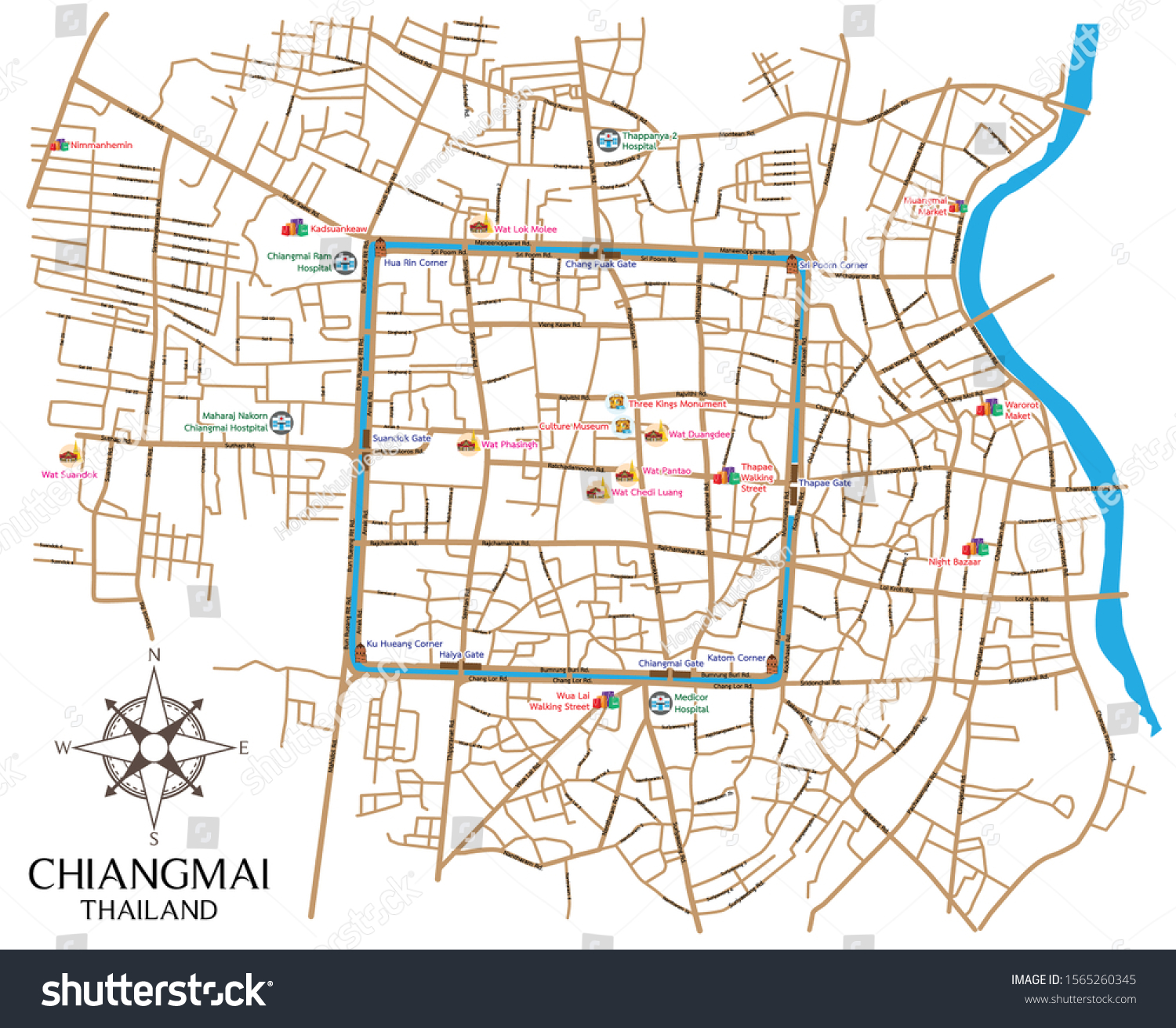 Chiangmai Down Town Map Landmarks Name Stock Vector (Royalty Free ...