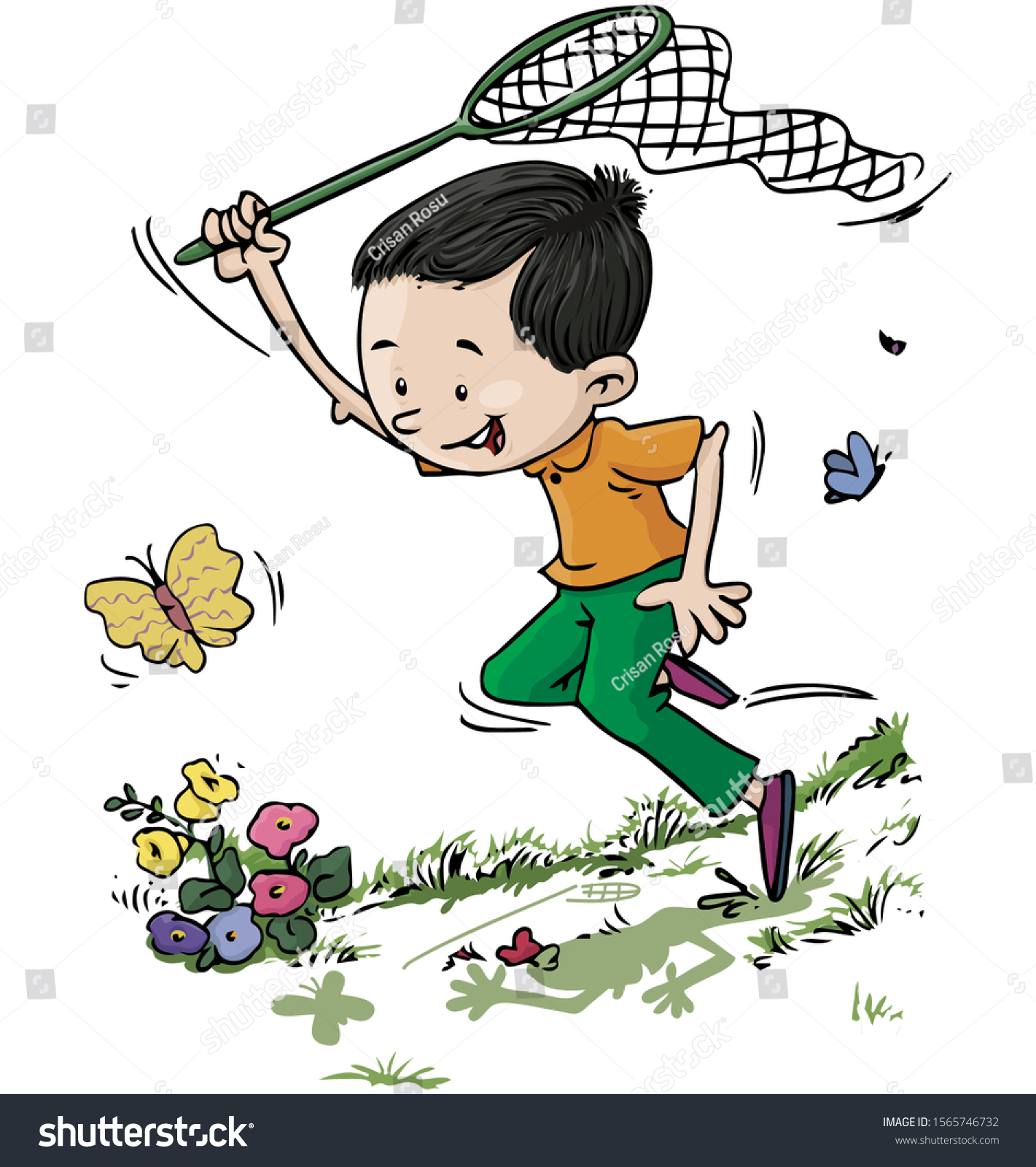 Vector Illustration Boy Chasing Butterfly Cartoon Stock Vector (Royalty ...