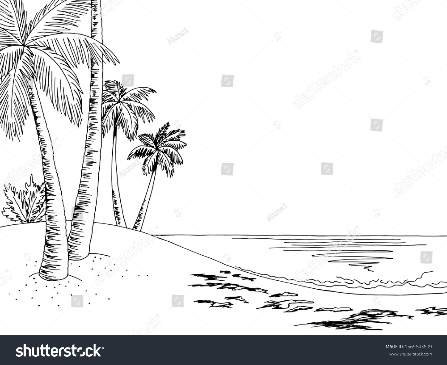 Sea Coast Graphic Beach Black White Stock Vector (Royalty Free ...