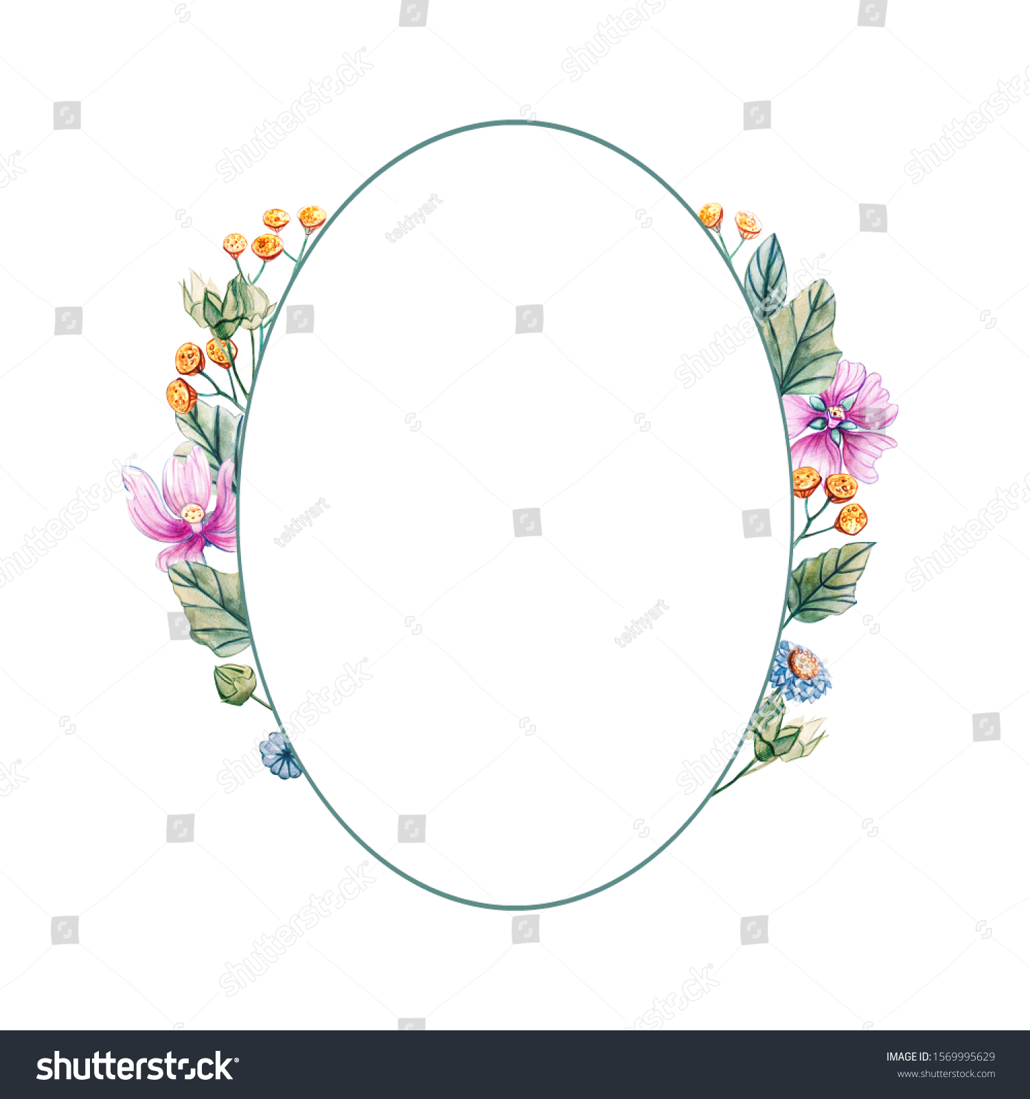 Watercolor Illustration Oval Frame Wildflowers Wedding Stock ...