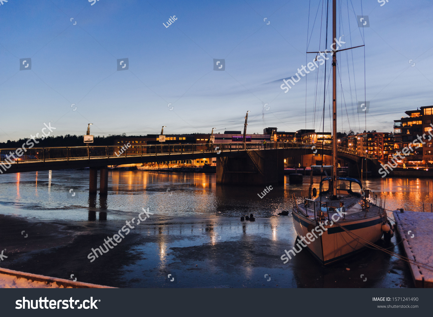 Tonsberg Cityline Christmas Lights Reflection Night Stock Photo