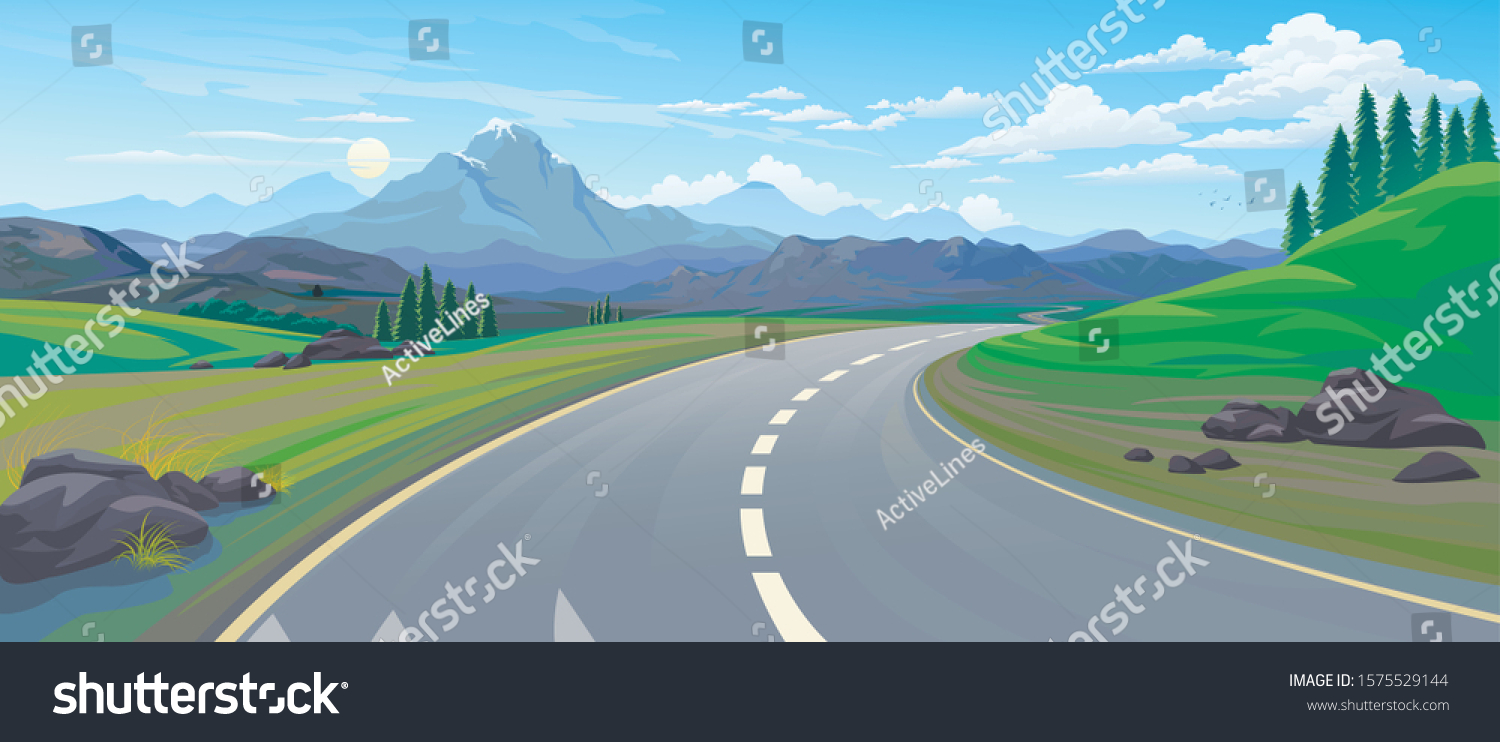 Perspective Driving On Highway Across Mountain Stock Vector (Royalty ...