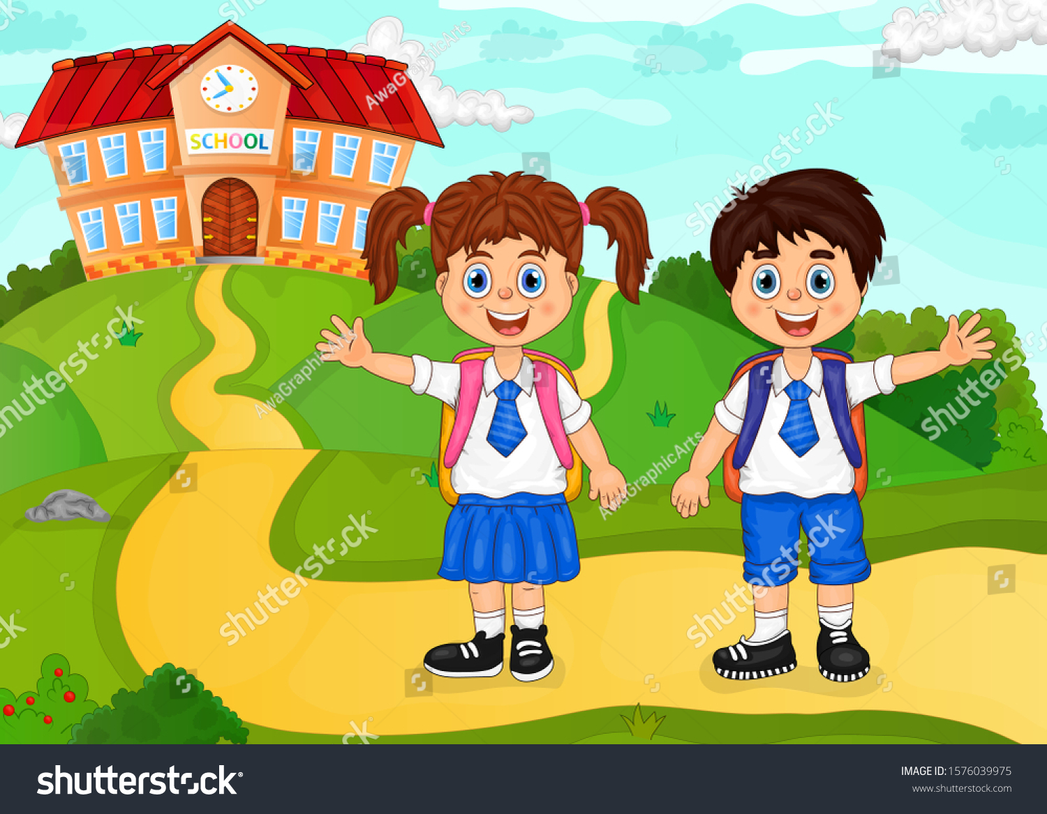 Two Happy Children Waving Hands Students Stock Vector (Royalty Free ...