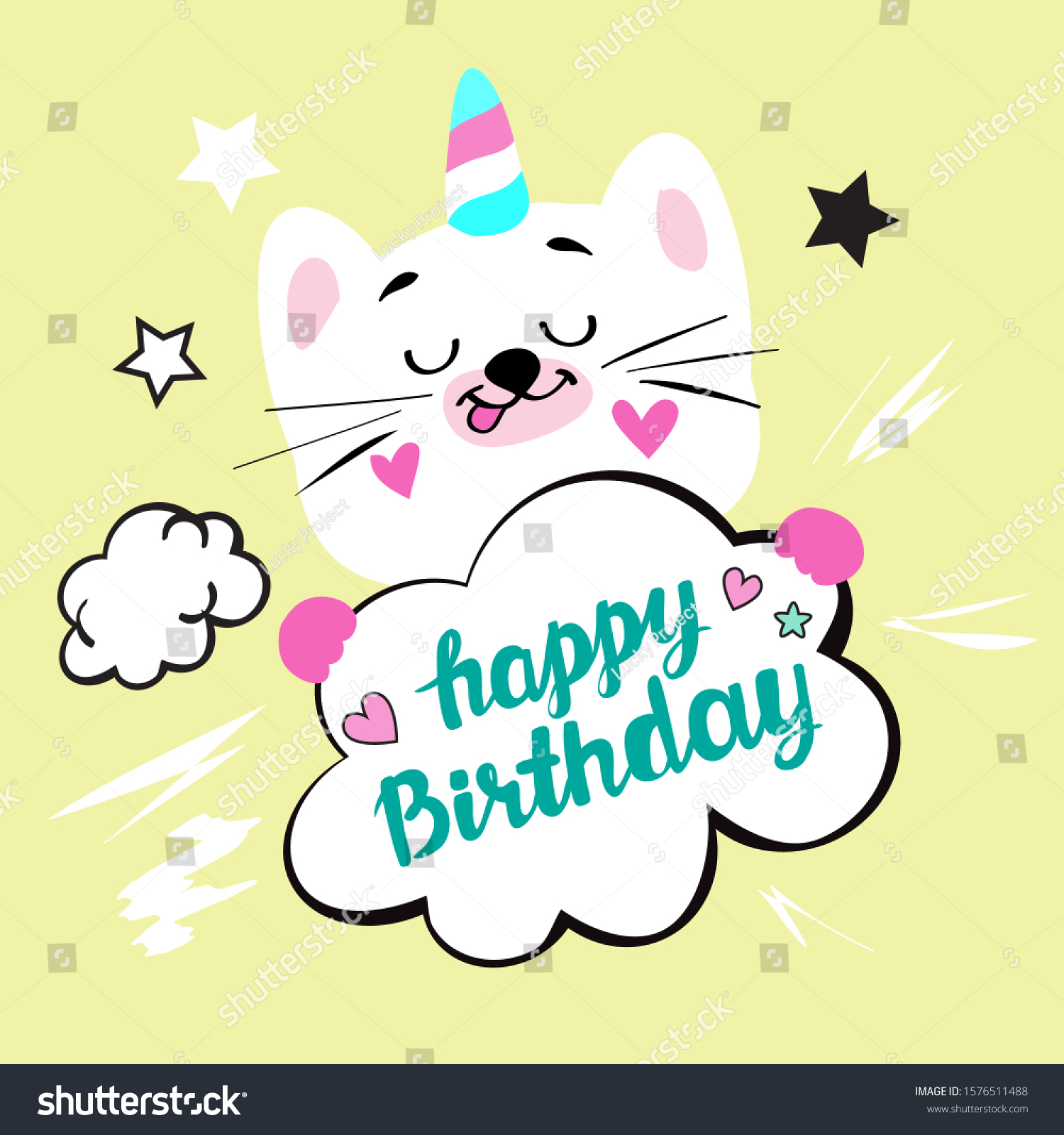 Happy Birthday Cat Riding Unicorn Happy Birthday Card Cute Illustration White Stock Vector (Royalty Free)  1576511488 | Shutterstock