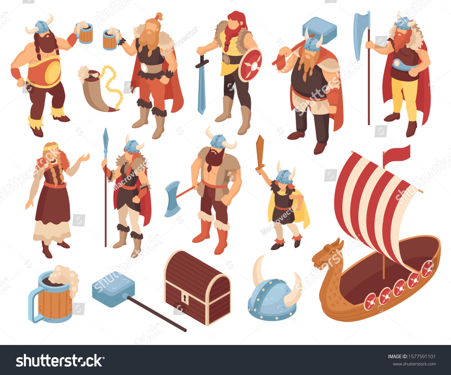 Isometric Viking Set Isolated Human Characters Stock Vector (Royalty ...