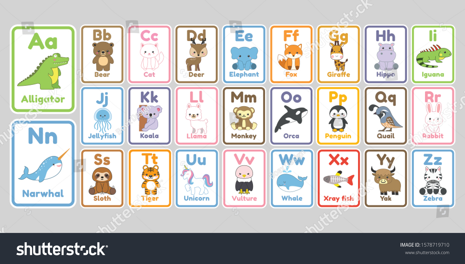 Cute Kawaii Animals Alphabet Letters Kids Stock Vector (Royalty Free ...