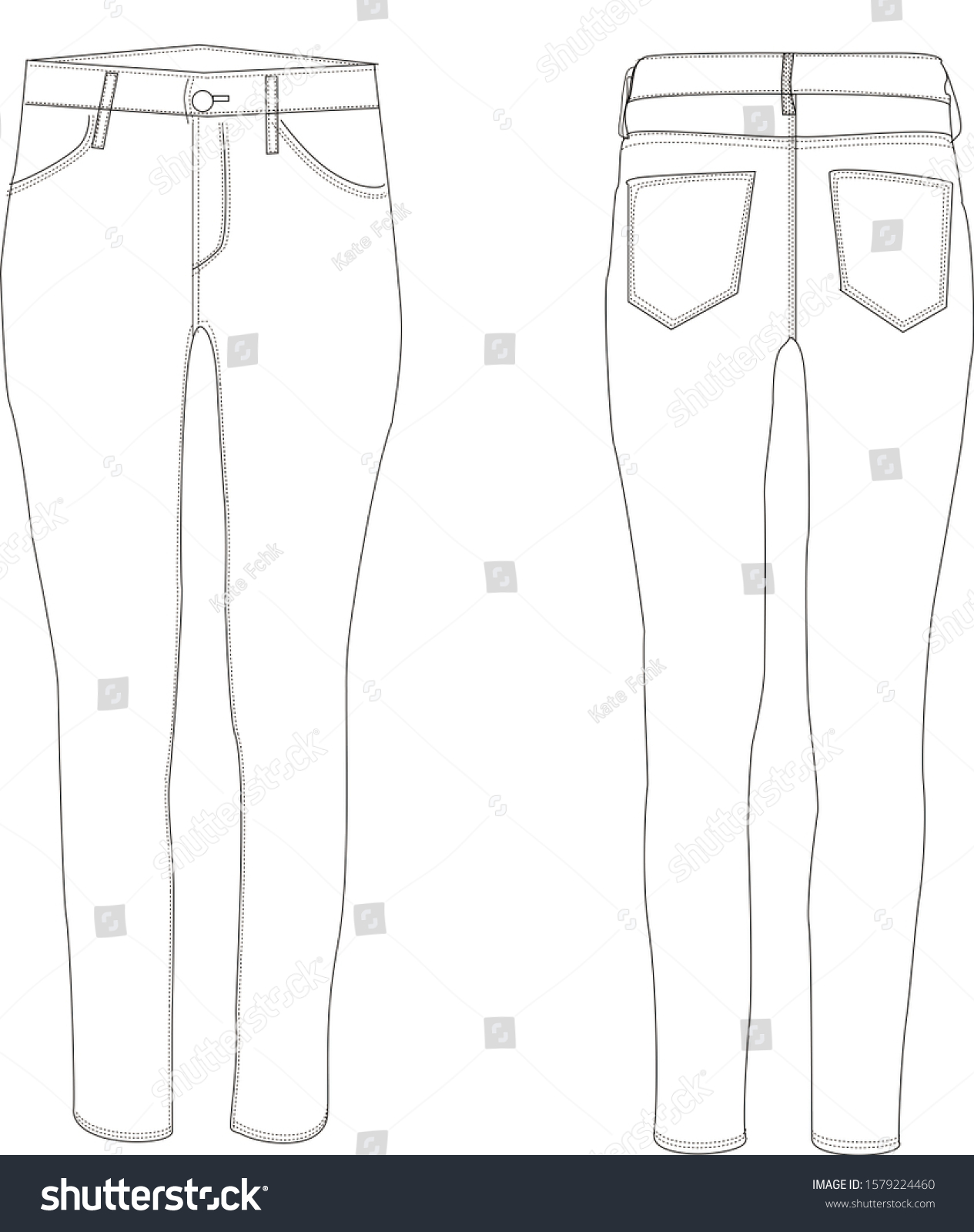 Fashion Sketch Jeans Front Back View Stock Illustration 1579224460 ...