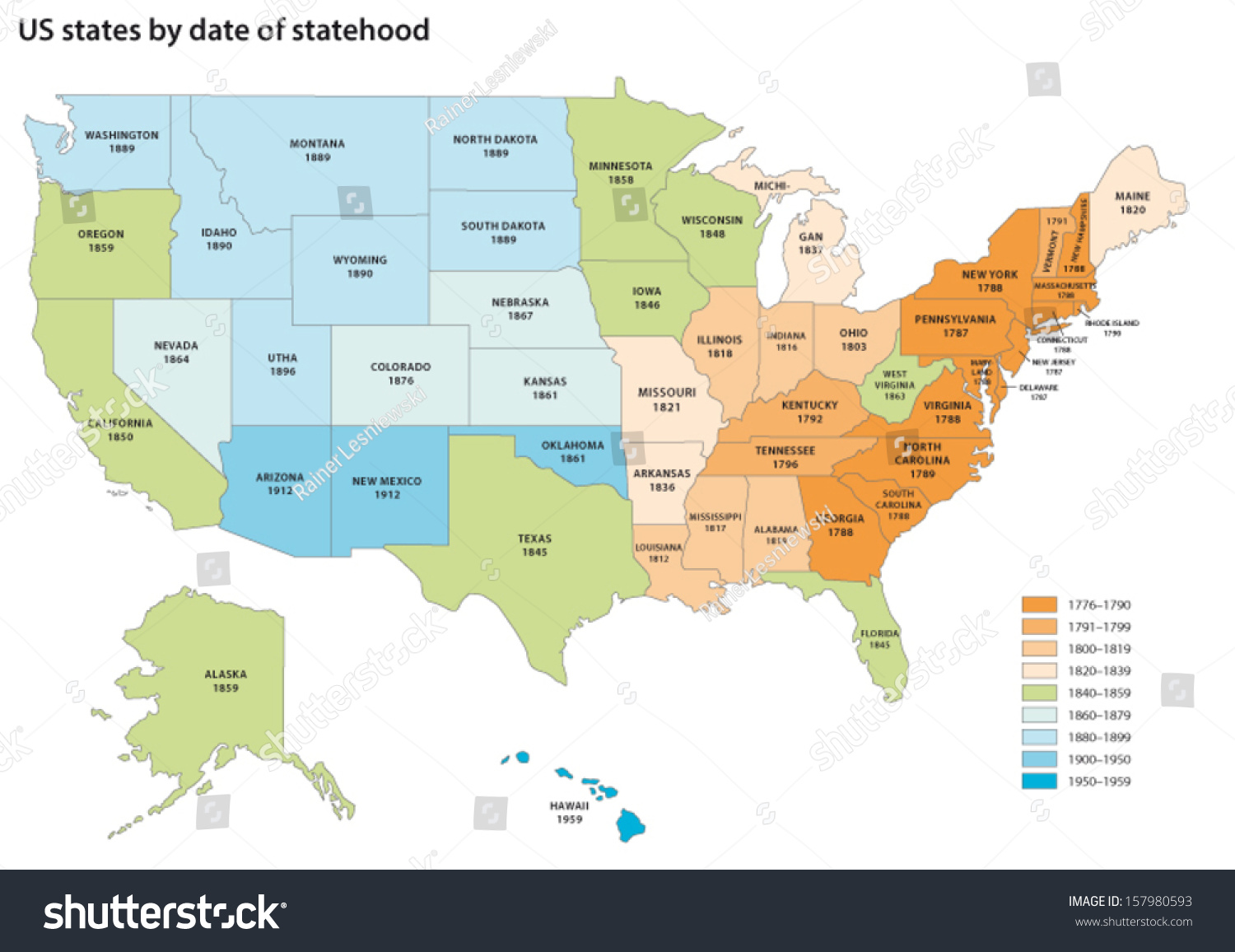 60 030 Colorful Usa Map States Images Stock Photos Vectors Stock Vector Us States By Date Of Statehood Map 157980593