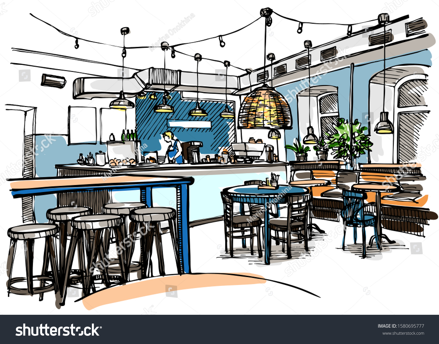 Cafe Interior Hand Drawn Sketch Stock Vector (Royalty Free) 1580695777 ...