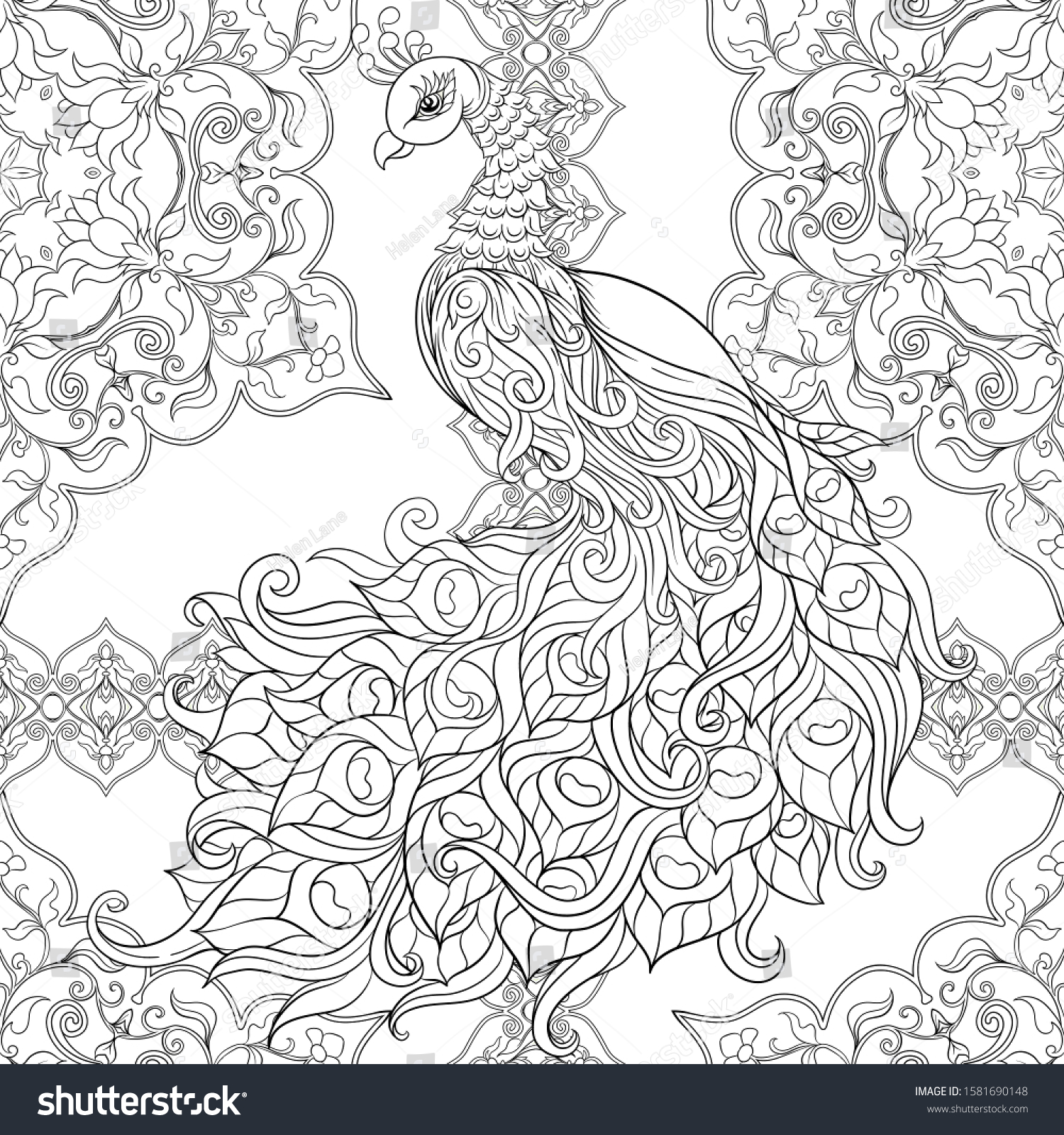 Peacock Bird Seamless Pattern Background Outline Stock Vector (Royalty ...