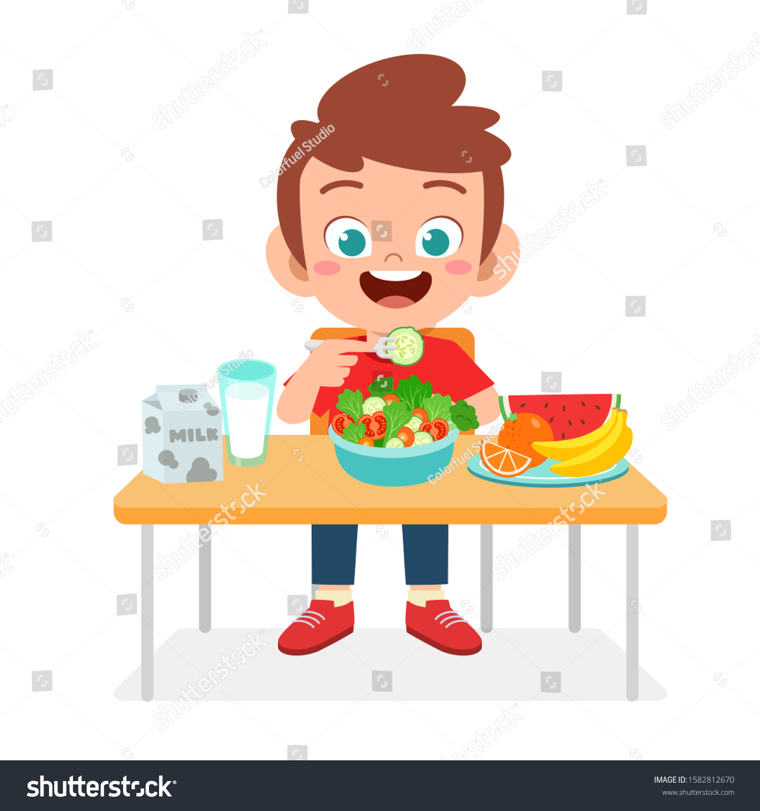 Happy Cute Kid Boy Eat Healthy Stock Vector (Royalty Free) 1582812670 ...