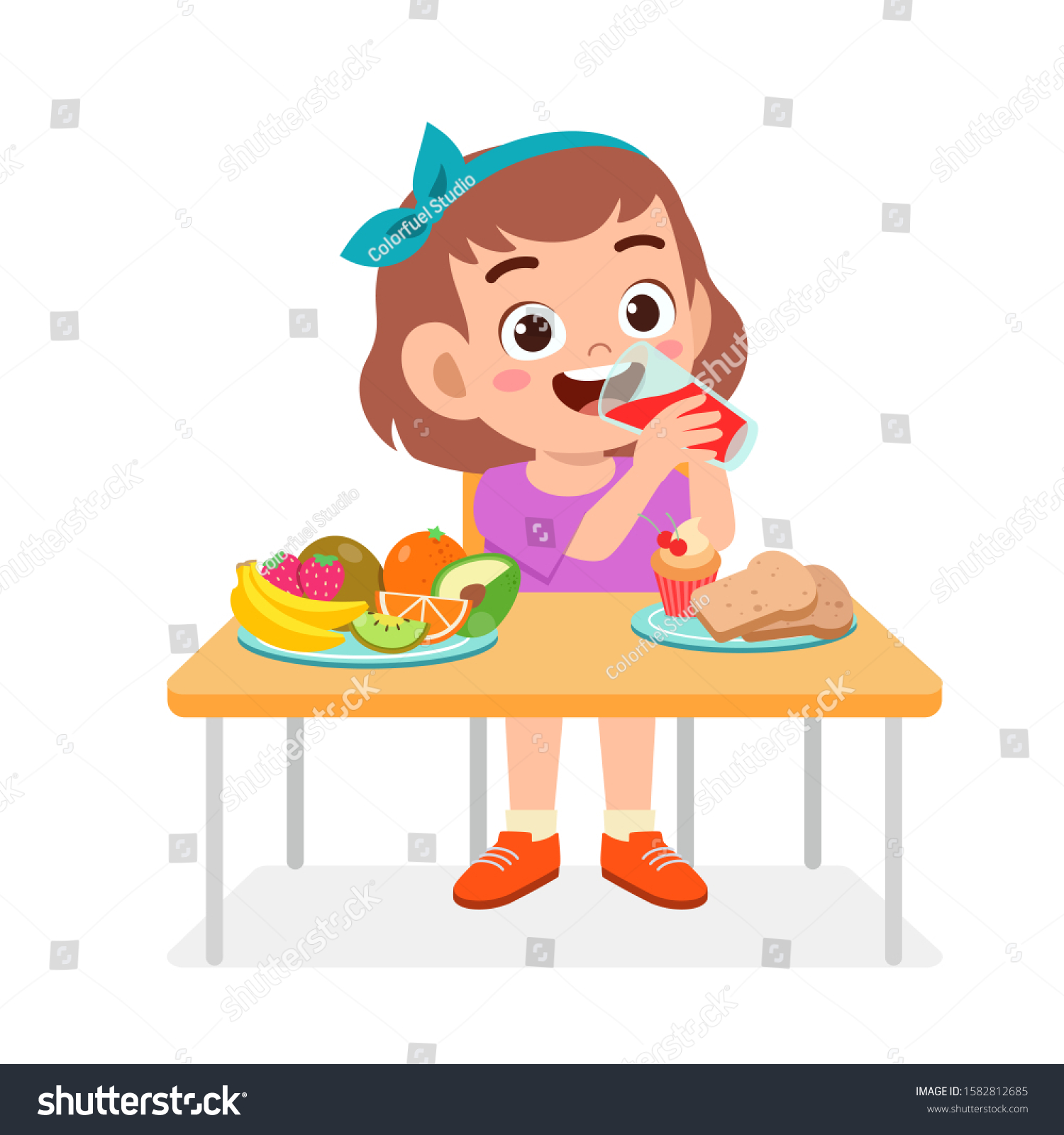 Happy Cute Kid Girl Eat Healthy Vetor Stock Livre De Direitos