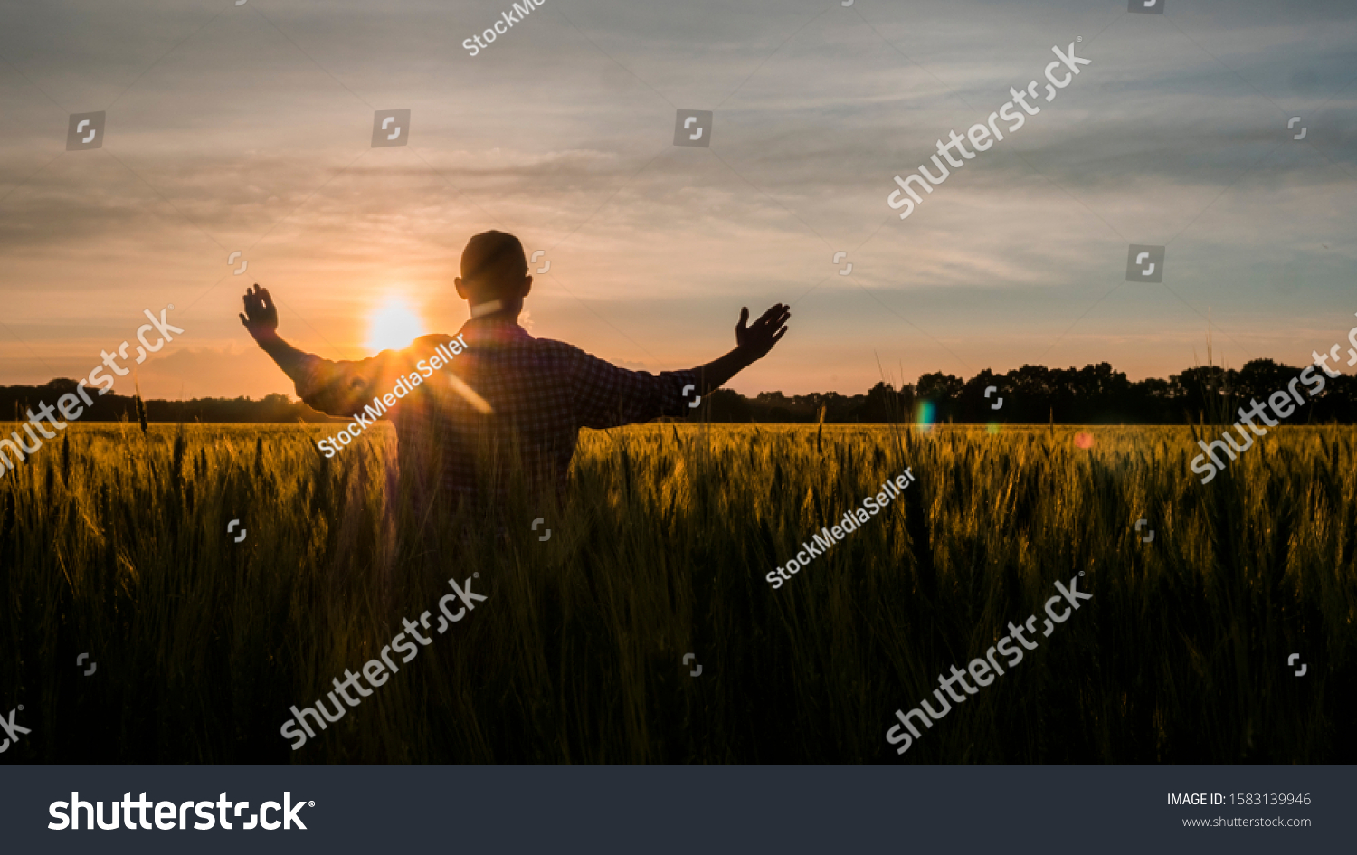 Male Farmer Raises His Hands Rising Stock Photo 1583139946 