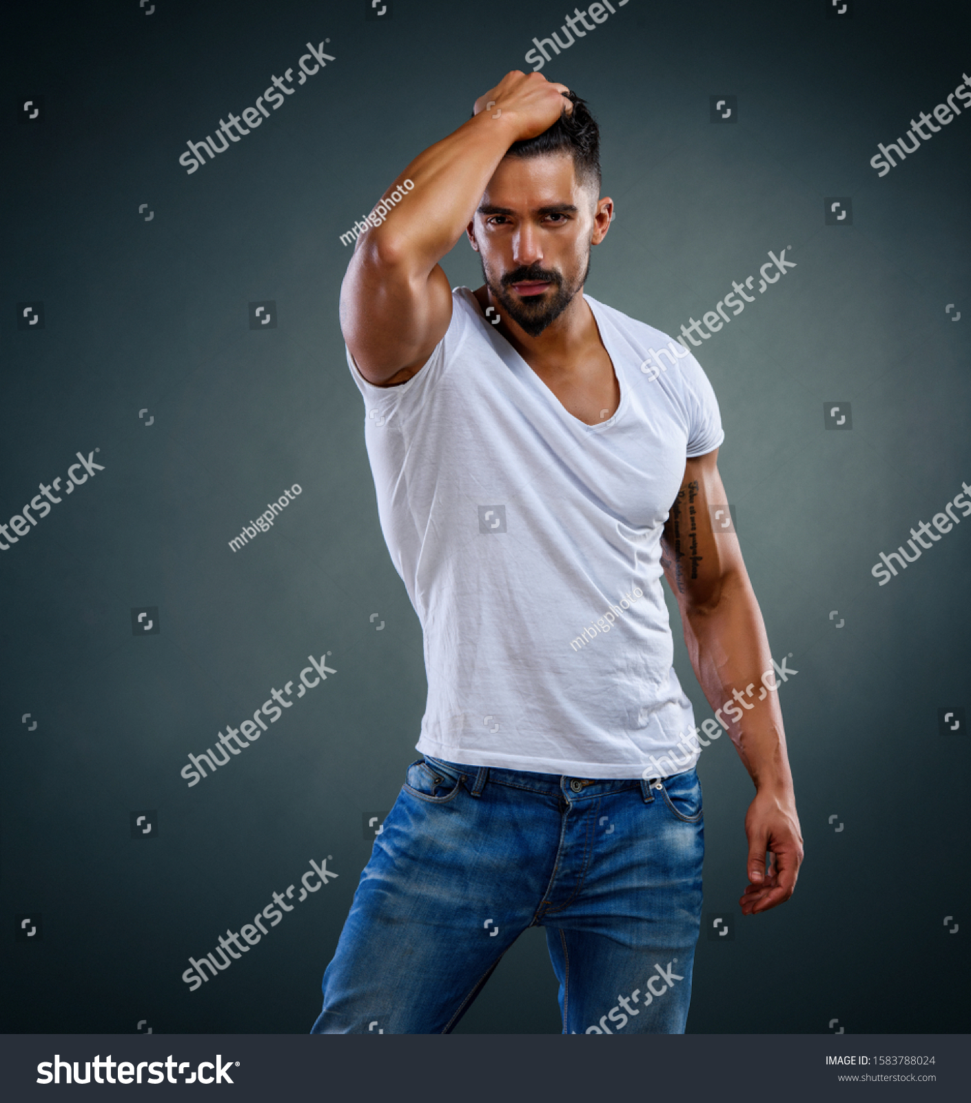 Handsome Male Fitness Model Wearing Jeans Stock Photo 1583788024 ...