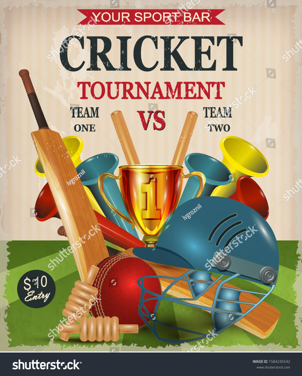 Cricket Tournament Poster Cricket Equipmentssports Background Stock ...