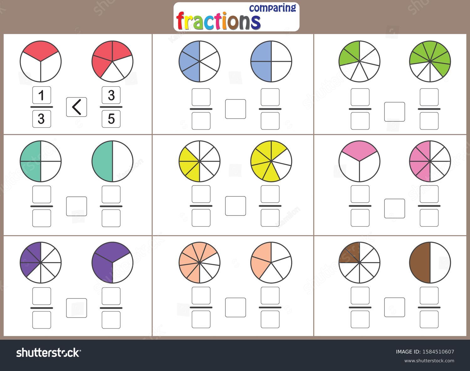 comparing fractions math worksheet kids stock vector royalty free 1584510607 shutterstock