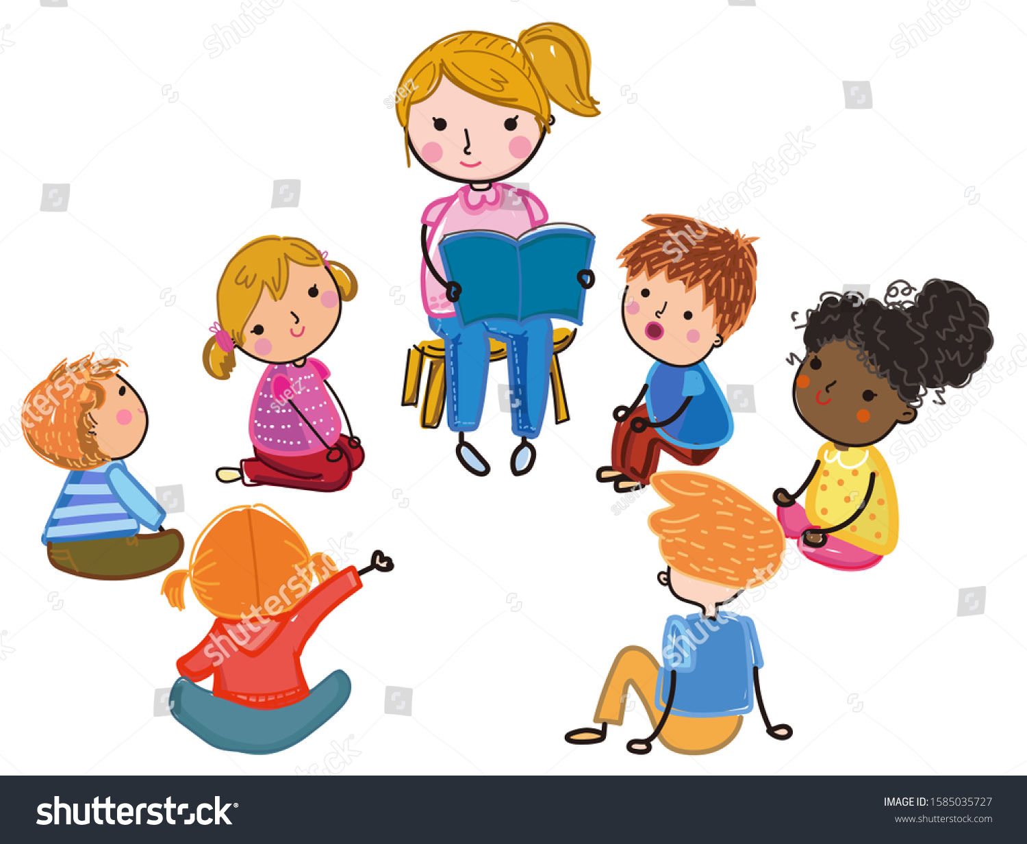 Illustration Cute Teacher Reading Kids Stock Vector (Royalty Free ...