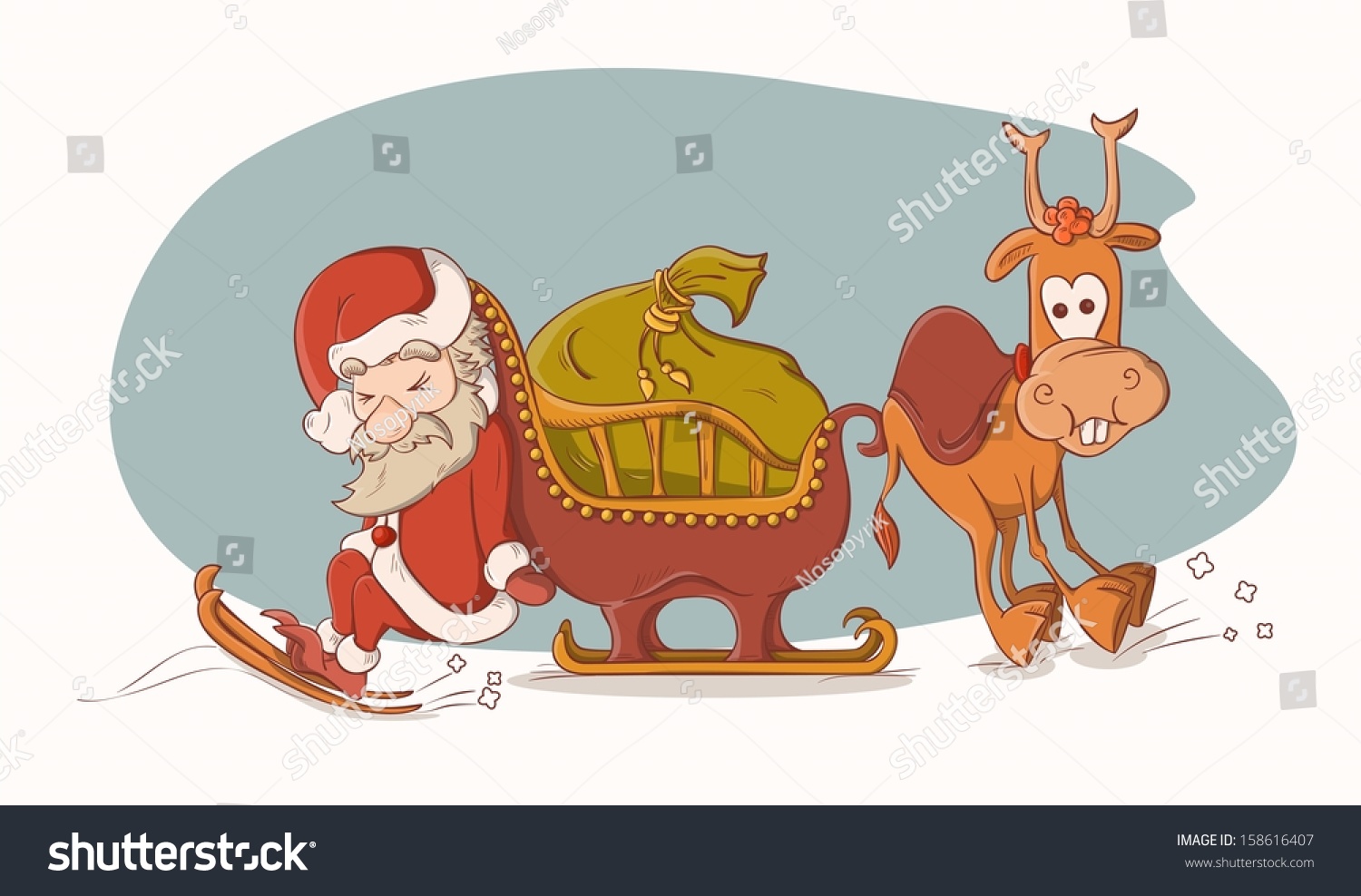 Дед Мороз в санях с оленями смешной