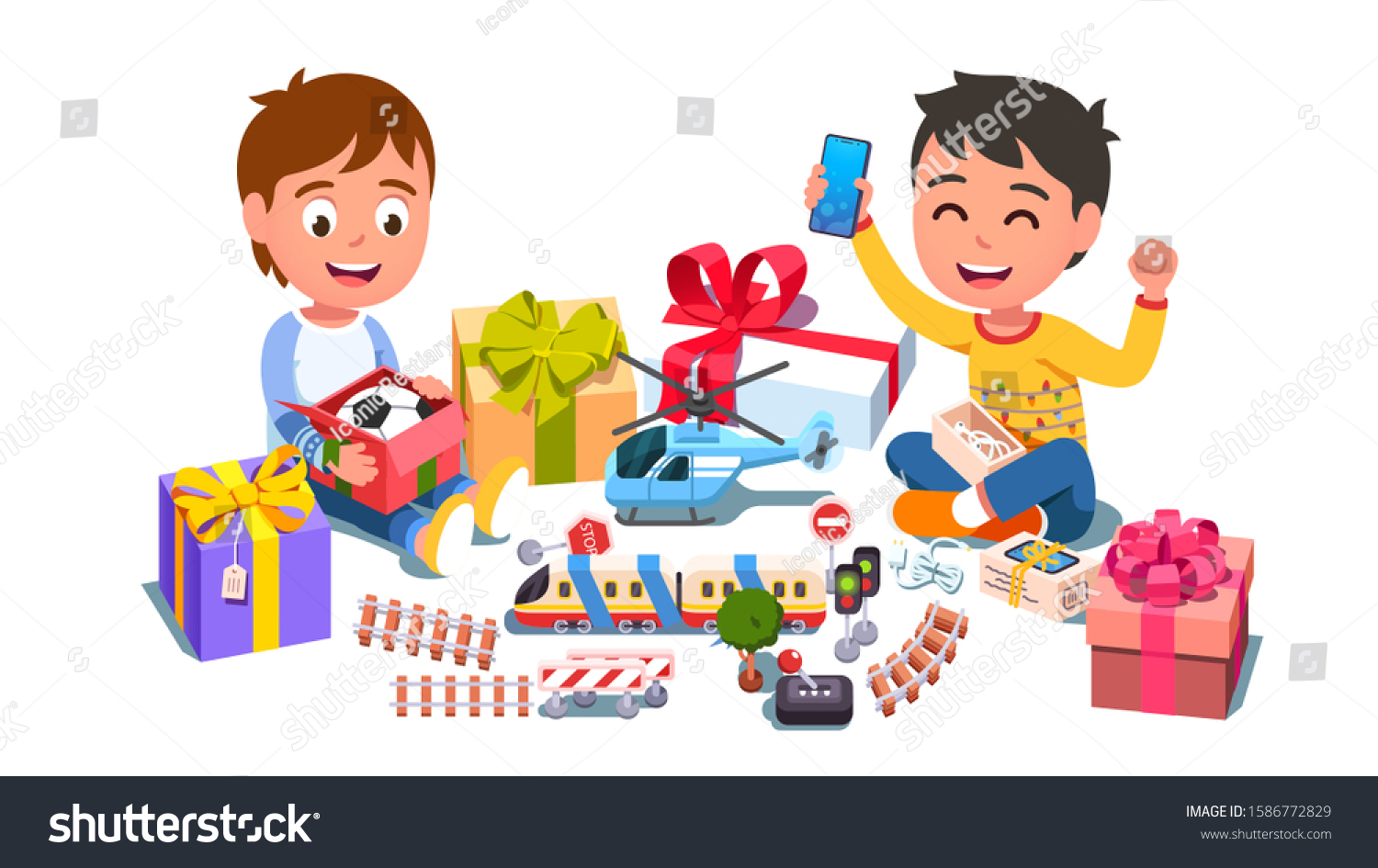 kids opening christmas presents clipart