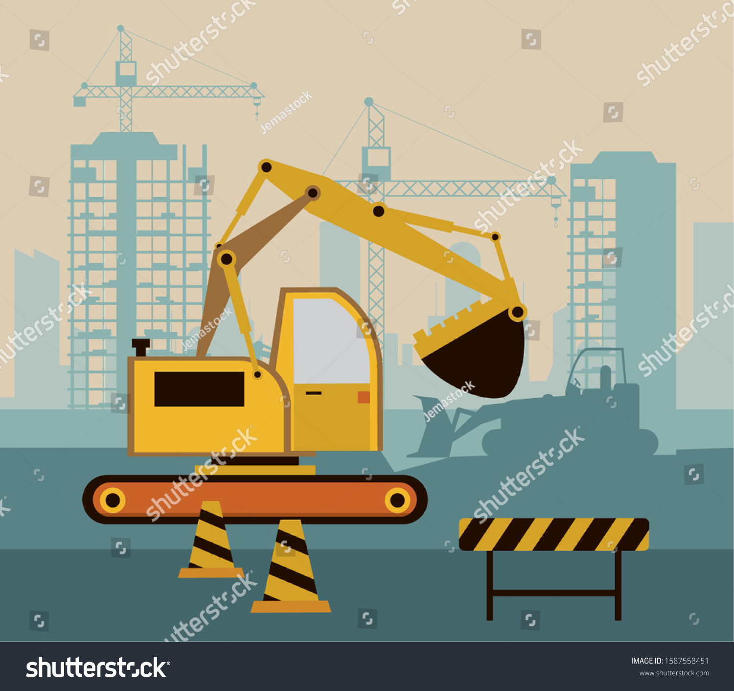 Under Construction Scene Excavator Vector Illustration Stock Vector ...