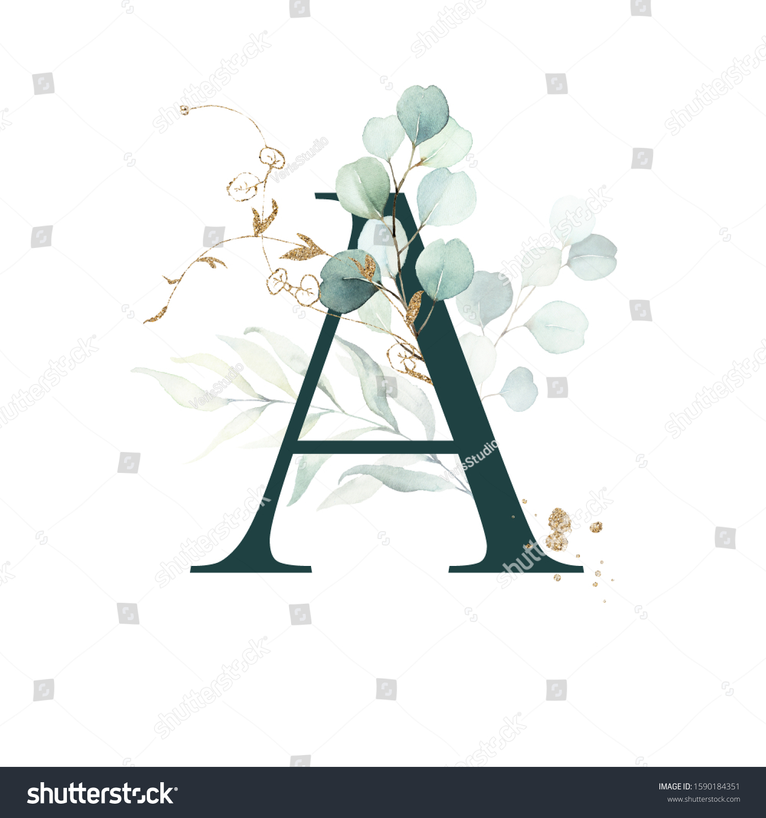 Dark Green Floral Alphabet Letter Gold Stock Illustration 1590184351 ...