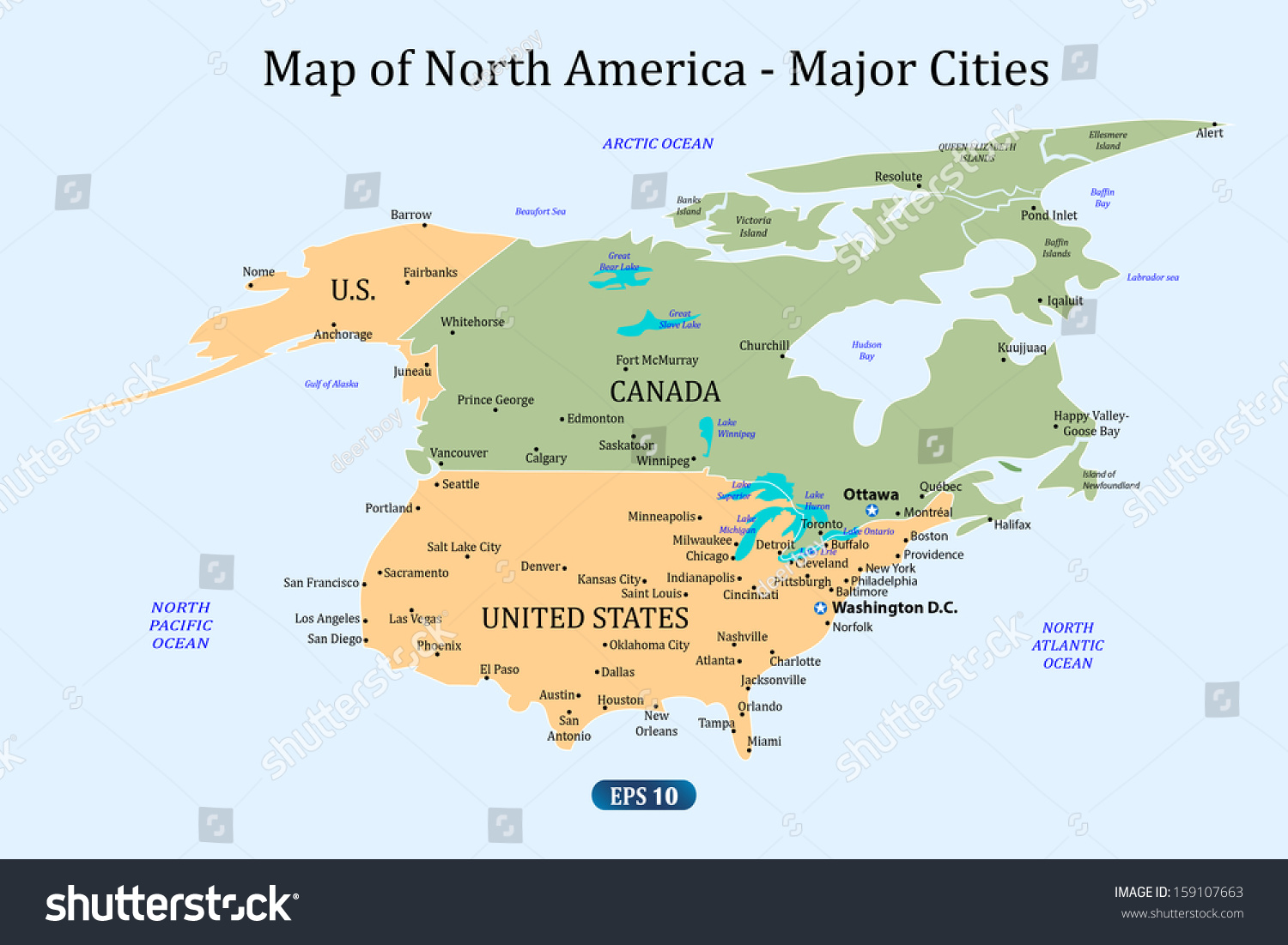 Map North America Major Cities Vector Stock Vector Royalty Free Stock Vector Map Of North America Major Cities Vector Illustration 159107663