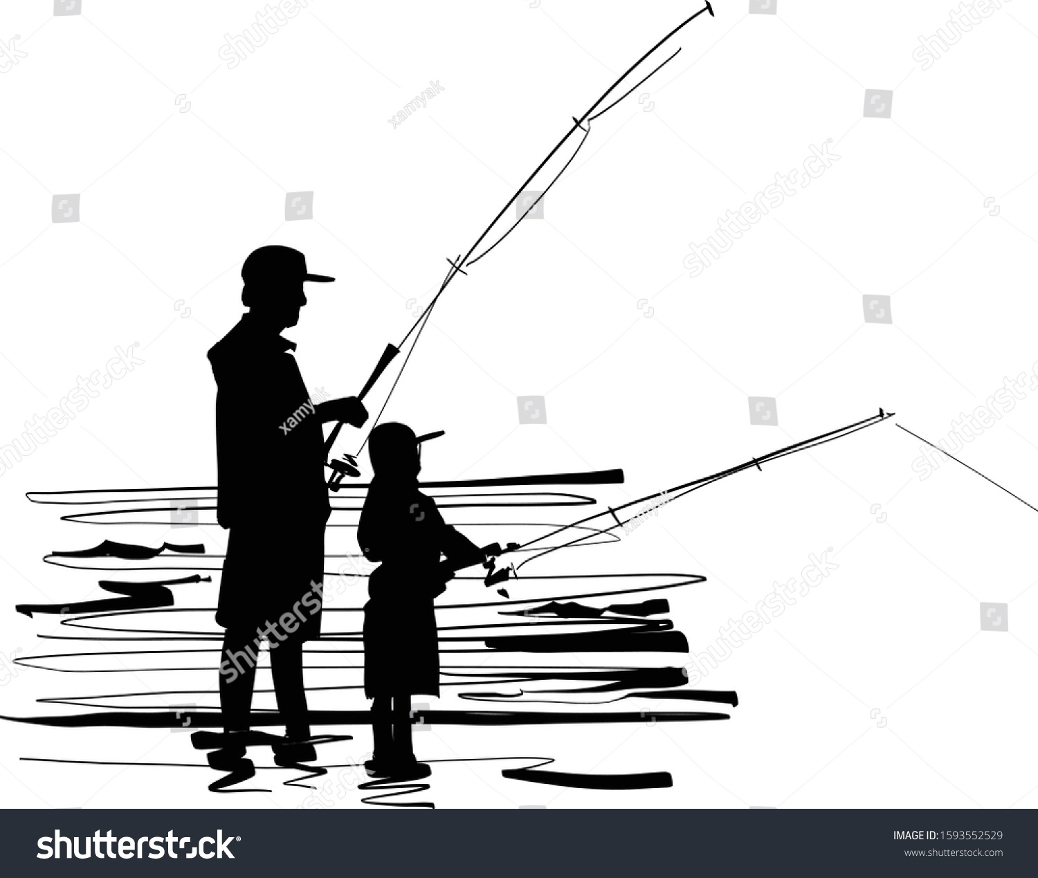 Vektor Stok Vector Sketch Silhouette Fishing Father Son (Tanpa Royalti ...