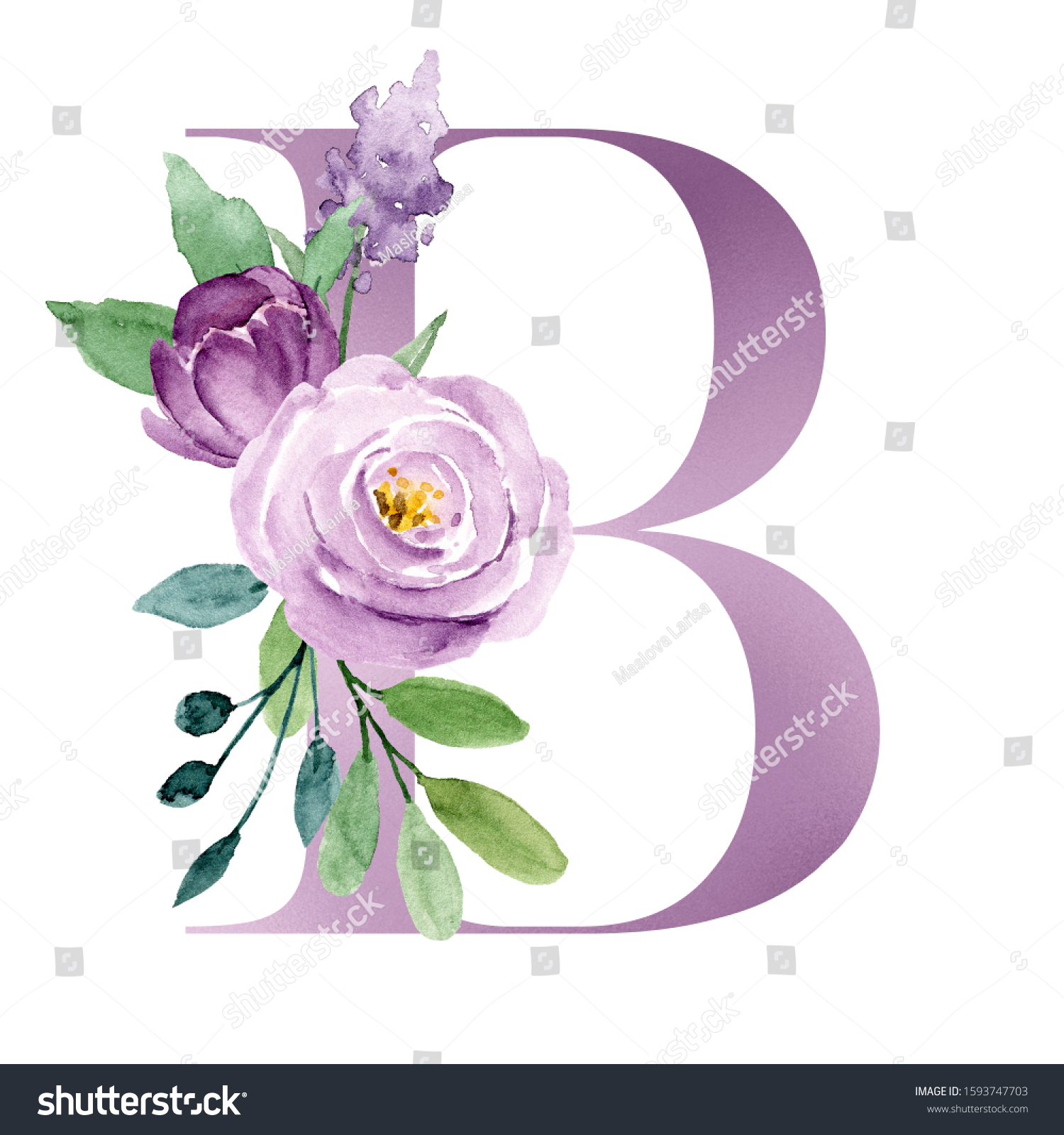 Floral Alphabet Letter B Watercolor Violet Stock Illustration ...