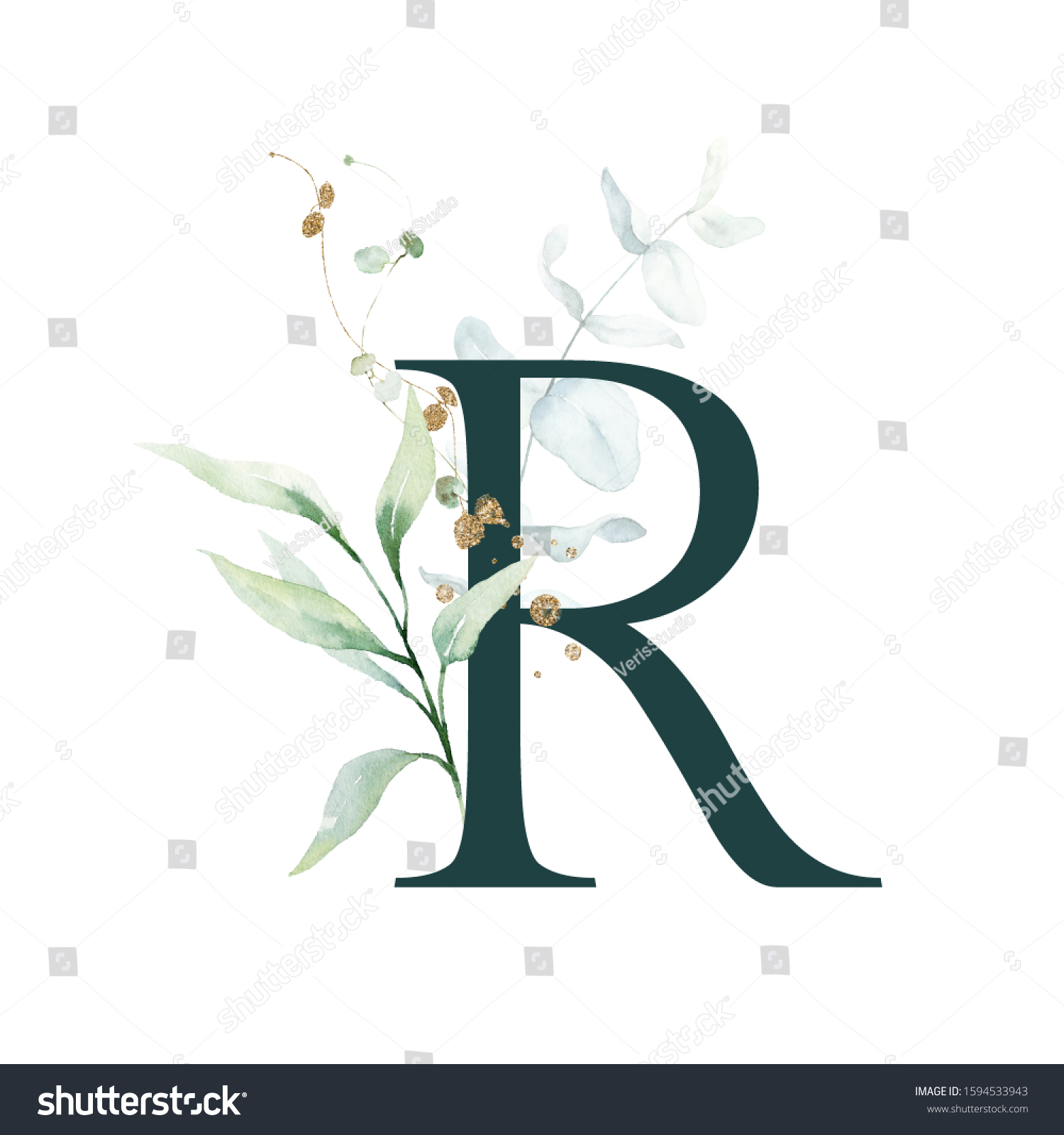 Dark Green Floral Alphabet Letter R Stock Illustration 1594533943 ...