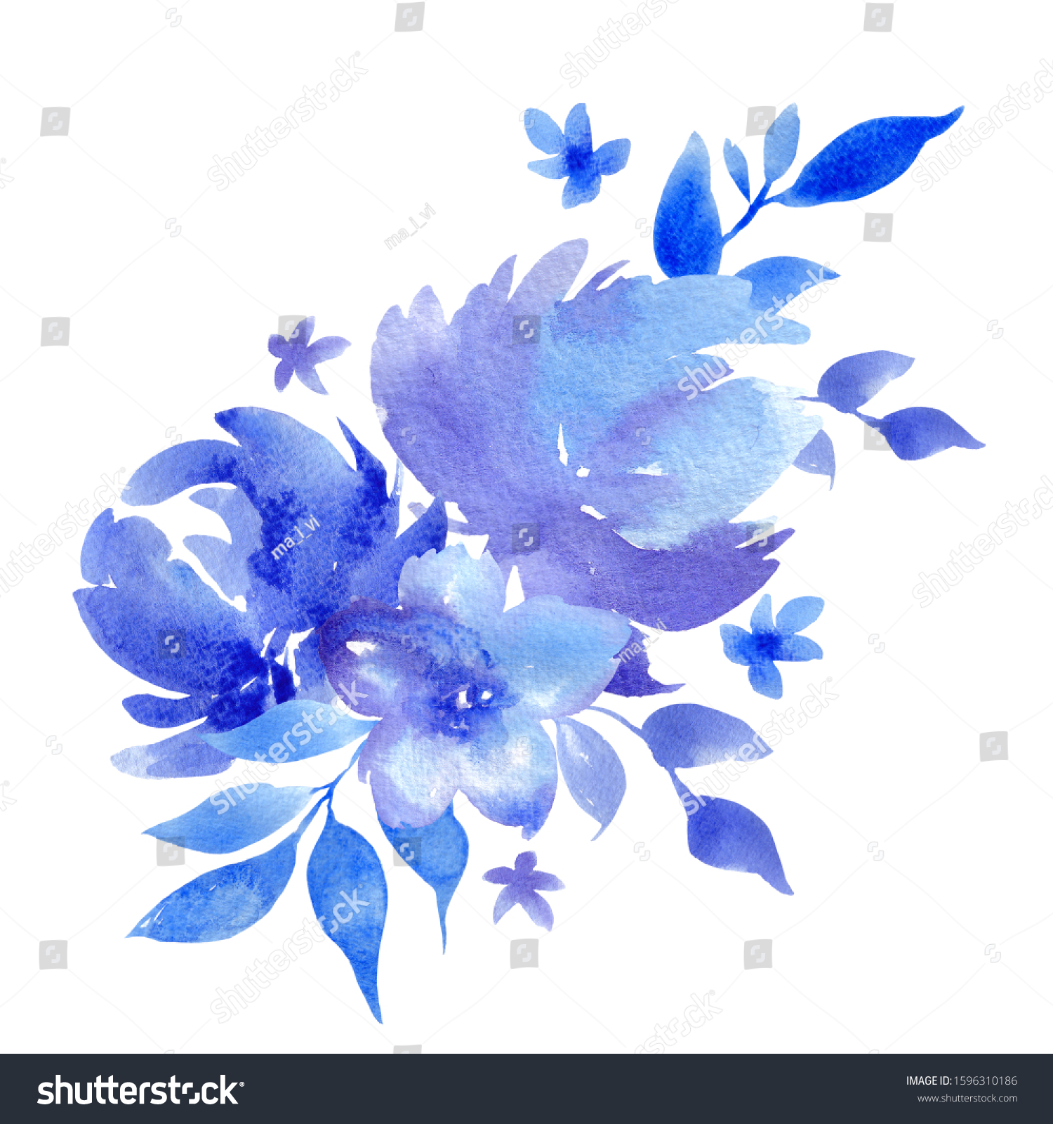 Bouquet Watercolor Hand Draw Blue Flowers Stock Illustration 1596310186 ...