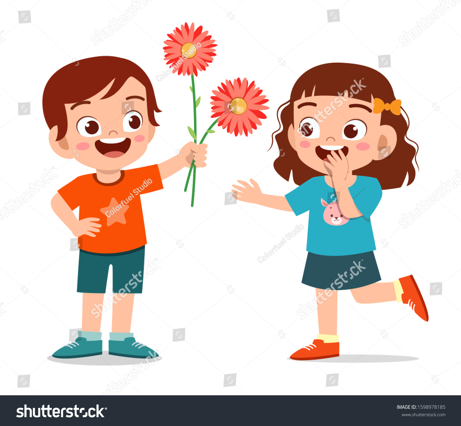 Happy Cute Kid Boy Give Flower Stock Vector (royalty Free) 1598978185 