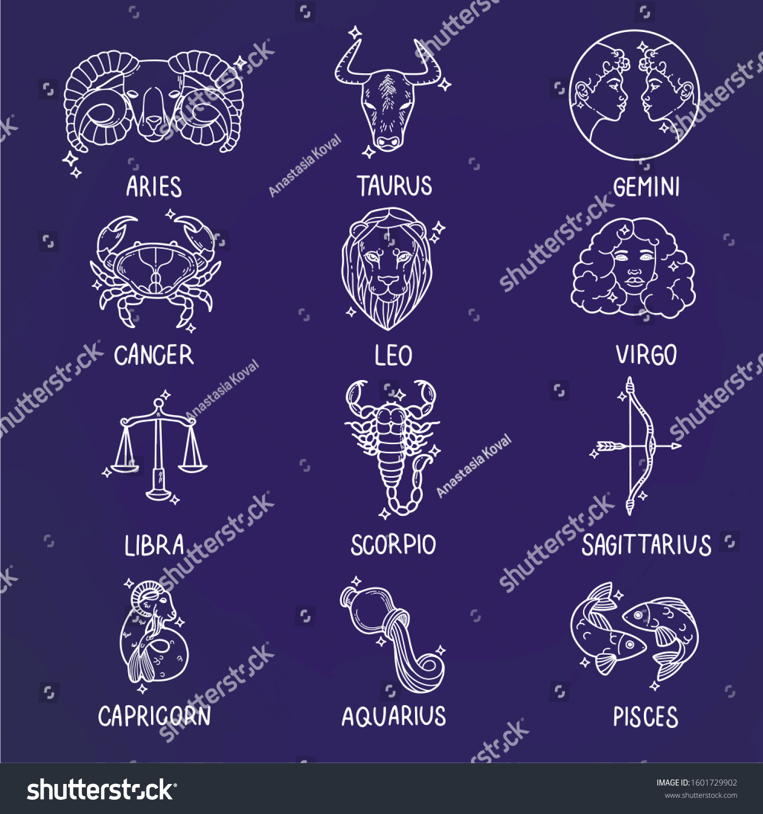 Vektor Stok Vector Set Zodiac Signs Aries Taurus (Tanpa Royalti) 1601729902...