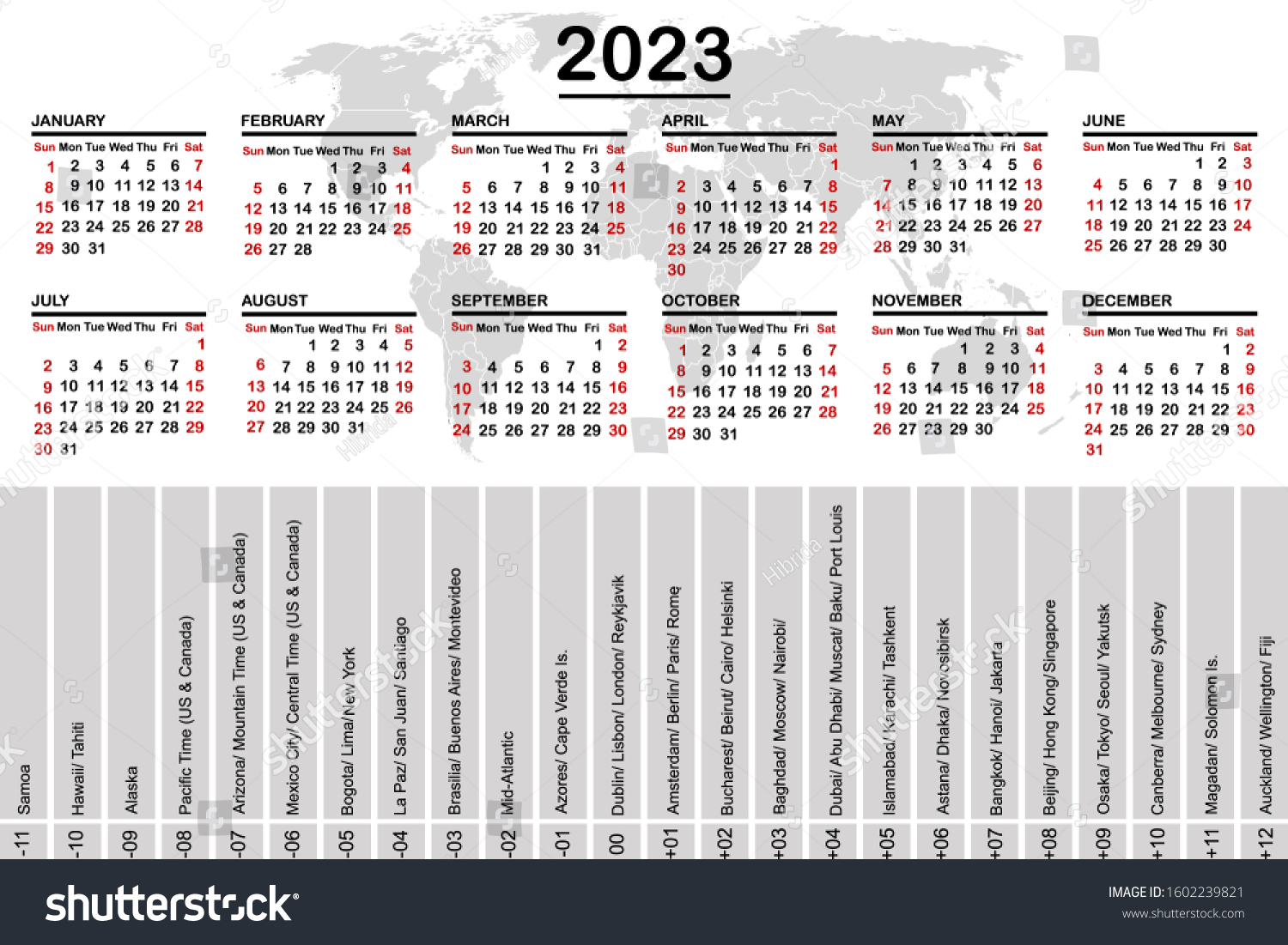 Stock Vector  Calendar With World Map And Time Zones 1602239821 