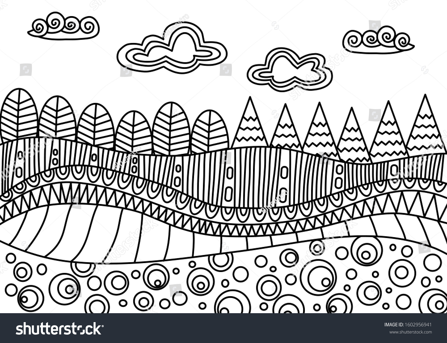 Doodle Landscape Trees Clouds Hand Drawn Stock Vector (Royalty Free ...