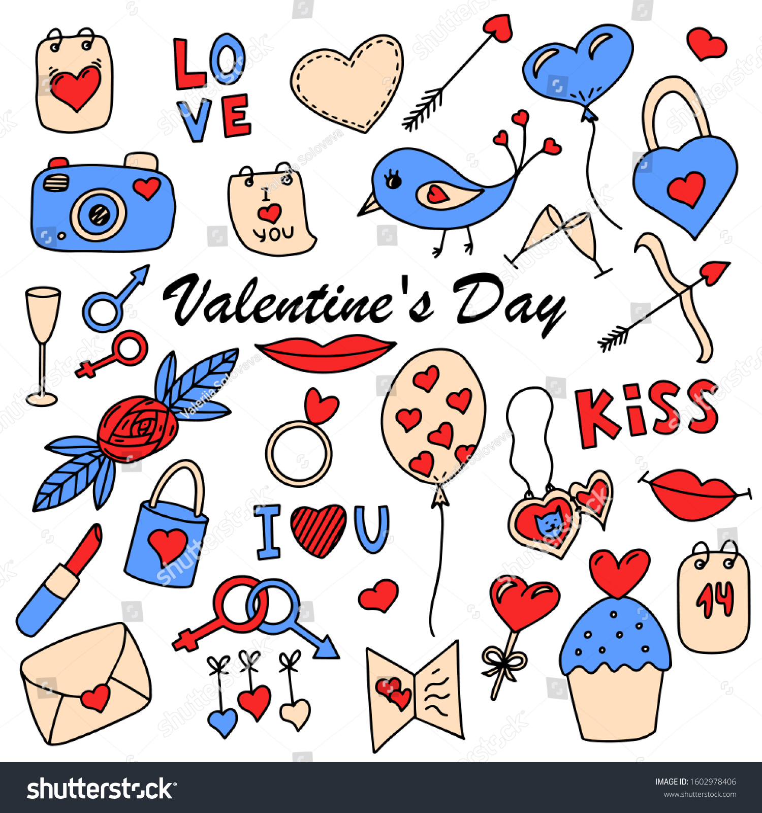 Set Elements Valentines Day Color Vector Stock Vector (Royalty Free ...