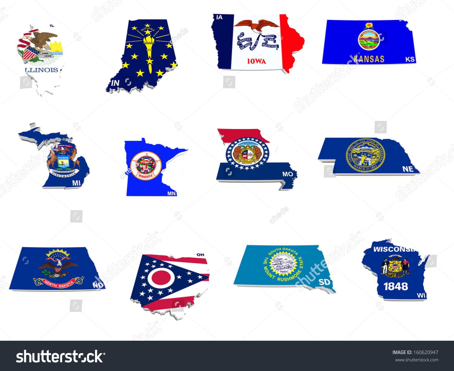 Ilustrasi Stok Usa Midwest States Flags On 3d 160620947 Shutterstock   Stock Photo Usa Midwest States Flags On D Maps 160620947 