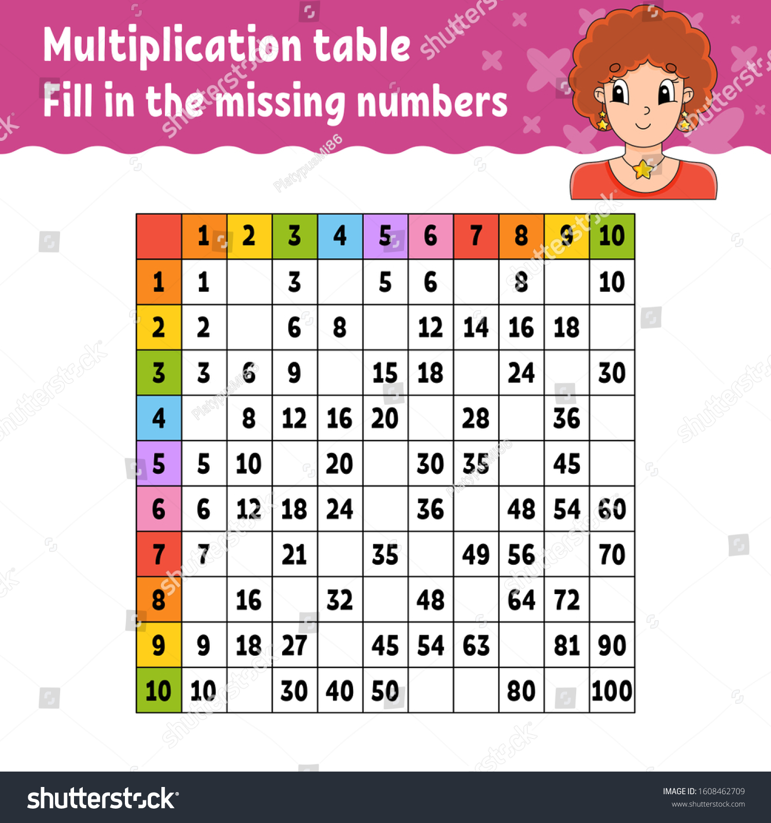Vektor Stok Paste Missing Numbers Learning Multiplication Table Tanpa