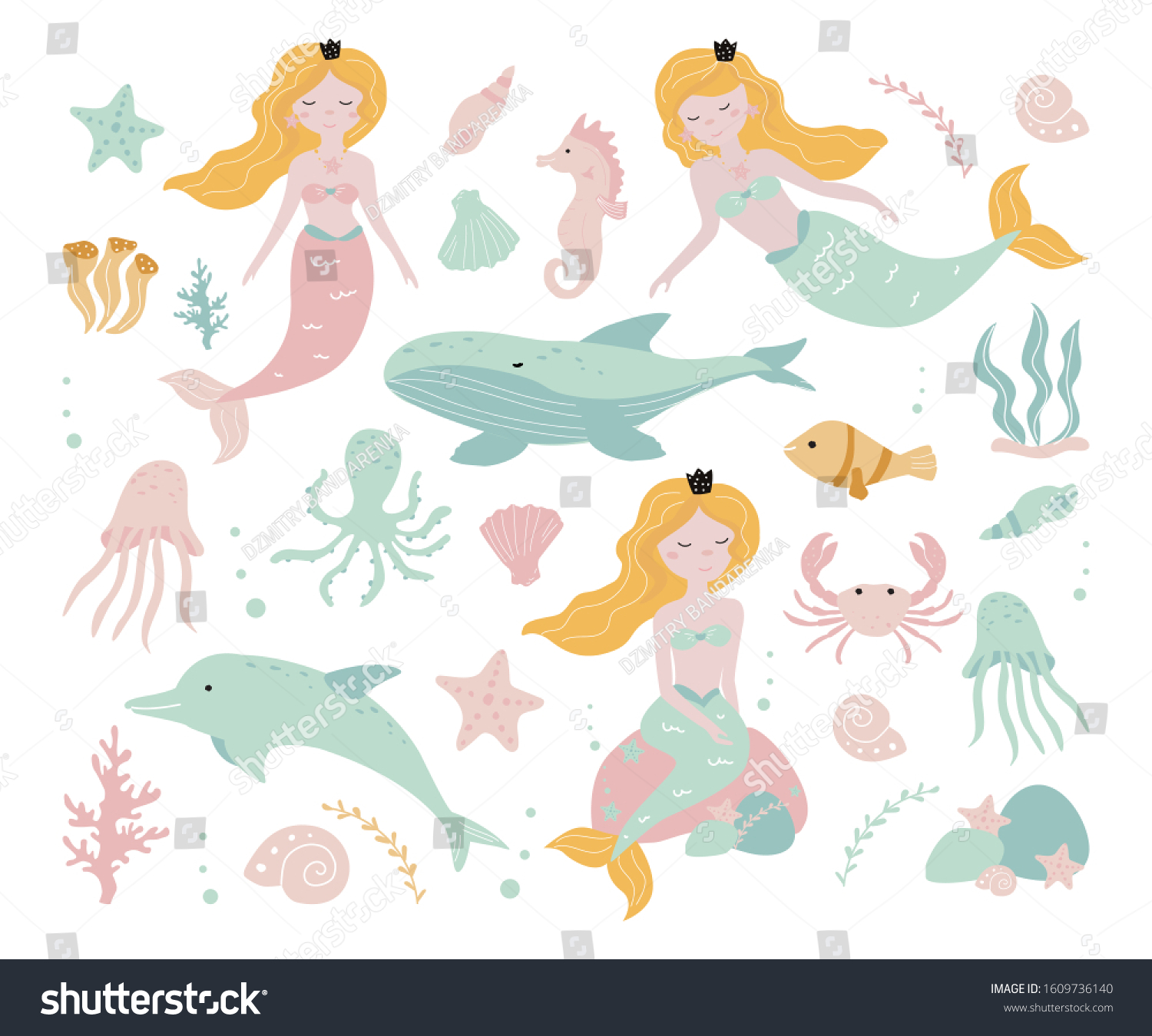 Set Sea Creatures Little Mermaid On Stock Vector (Royalty Free ...