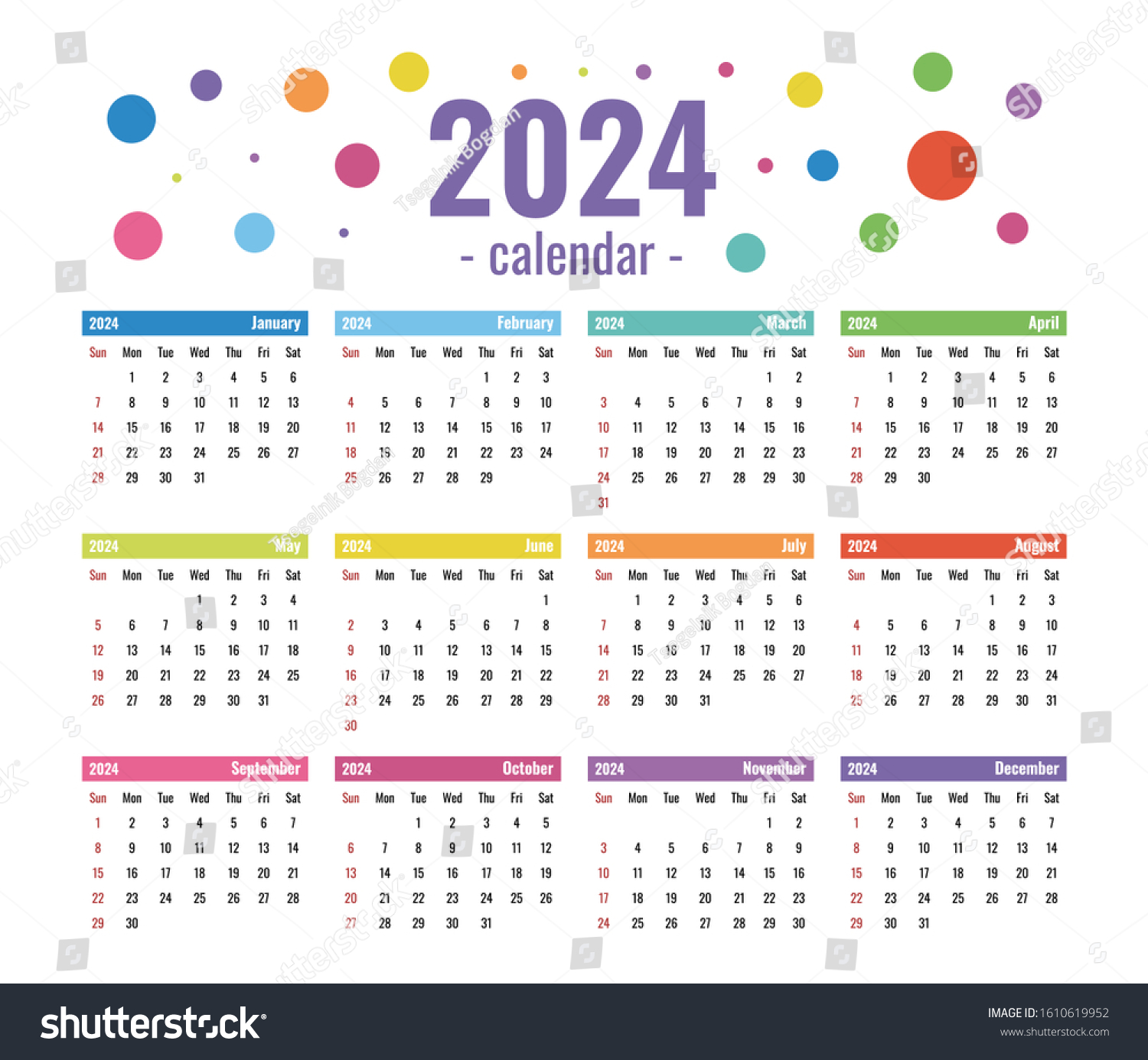 2024 Calendar Template Production Colorful Full 스톡 벡터(로열티 프리