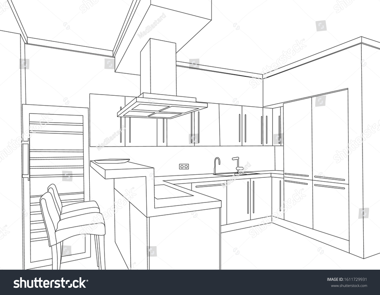 Outline Modern Kitchen Set Stock Vector (Royalty Free) 1611729931 ...